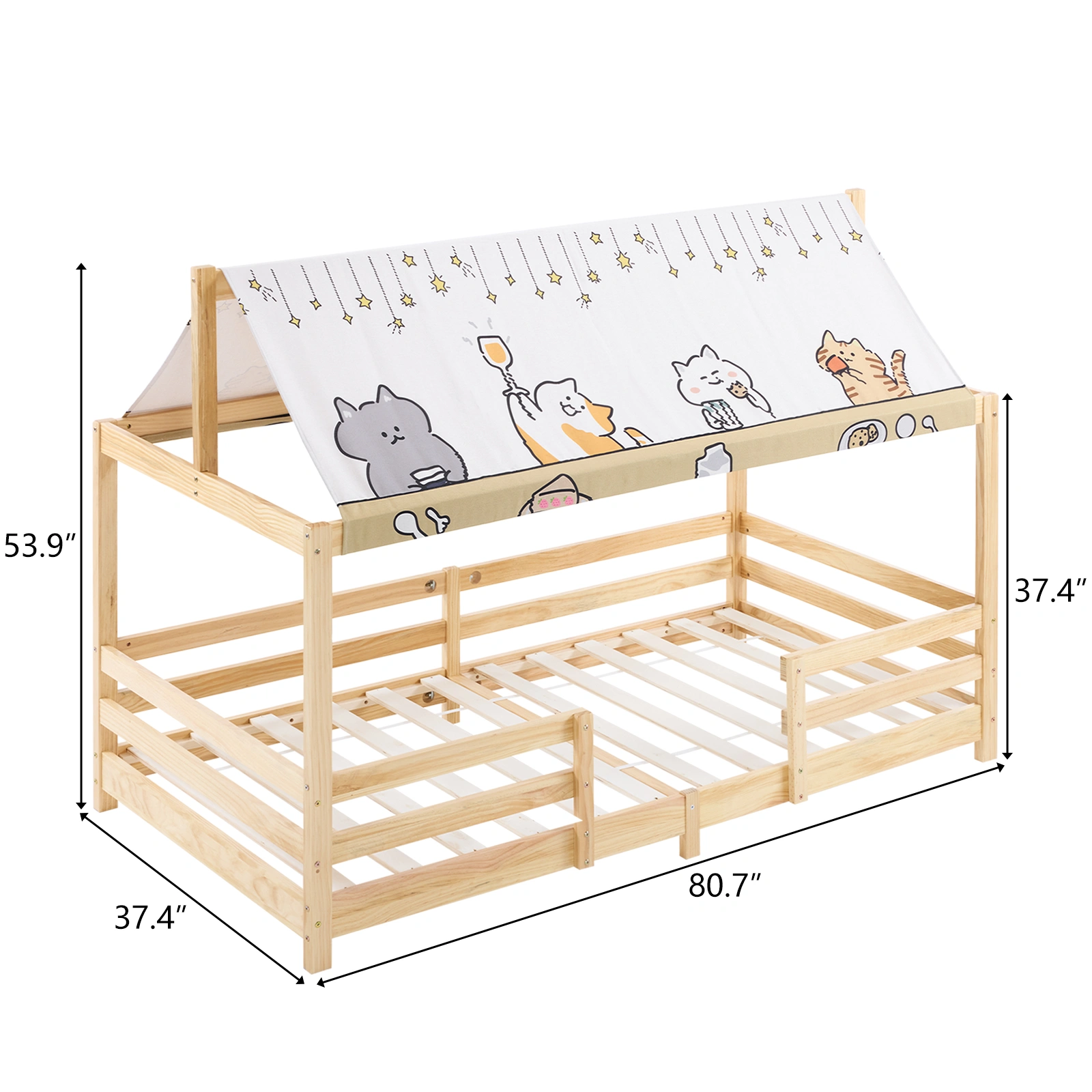 Kids Wooden Bed Frame with Canopy Roof, Pine Wood Children's Bed, 205x95x141cm, Natural Finish with Fabric Canopy view 4