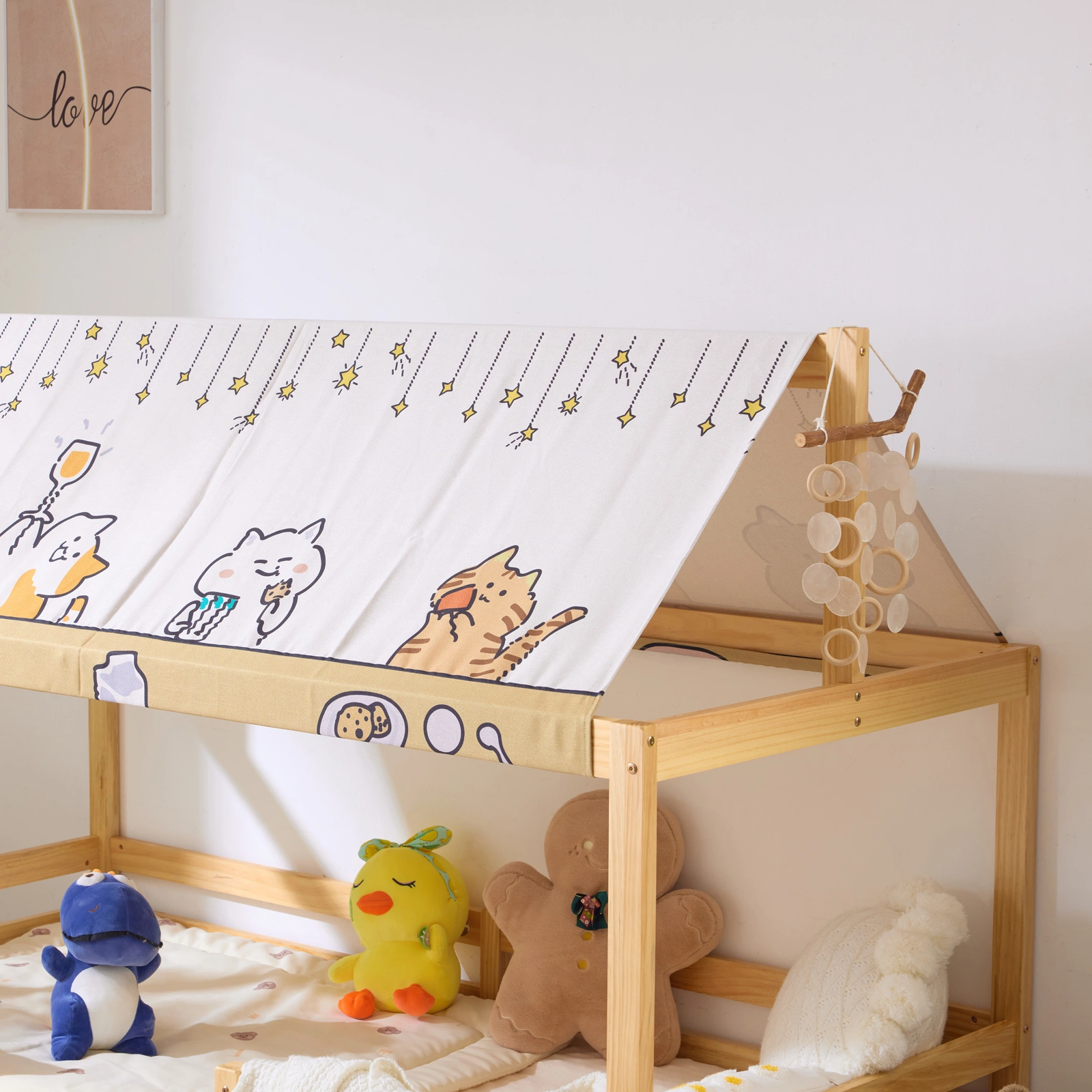 Kids Wooden Bed Frame with Canopy Roof, Pine Wood Children's Bed, 205x95x141cm, Natural Finish with Fabric Canopy view 5