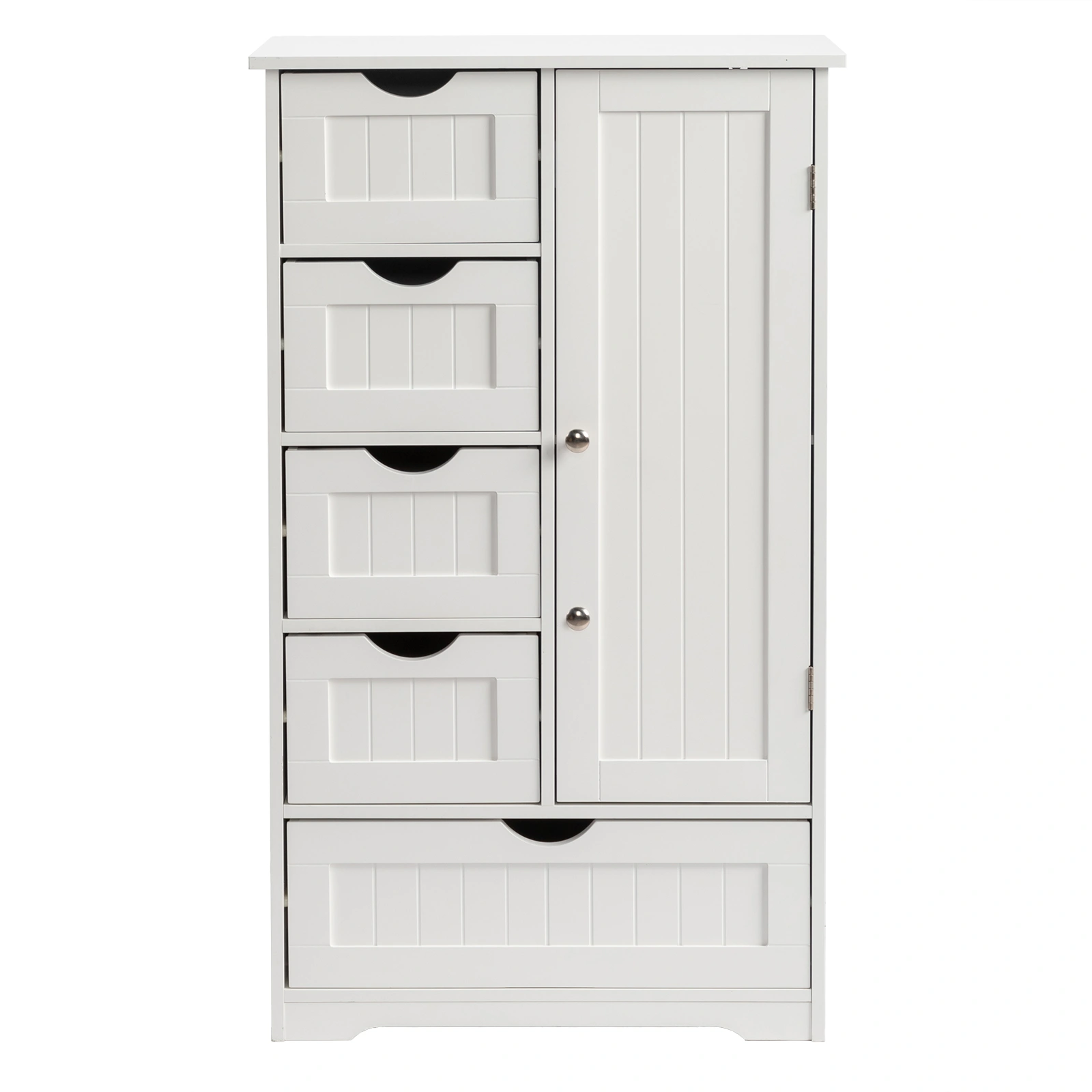 White MDF with paint finish + melamine veneer on particleboard, vertical stripes, 56*30*95cm, 4 small drawers, 1 large drawer, 1 door, bathroom vanity