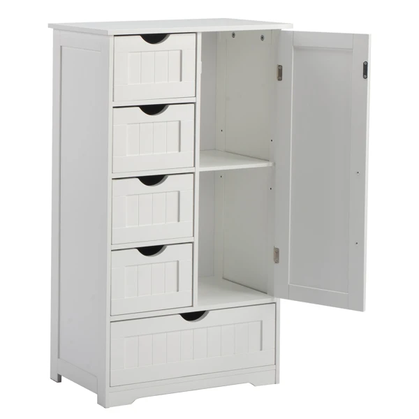 White MDF with paint finish + melamine veneer on particleboard, vertical stripes, 56*30*95cm, 4 small drawers, 1 large drawer, 1 door, bathroom vanity view 2
