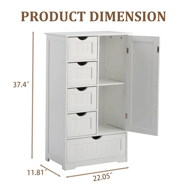 White MDF with paint finish + melamine veneer on particleboard, vertical stripes, 56*30*95cm, 4 small drawers, 1 large drawer, 1 door, bathroom vanity view 3