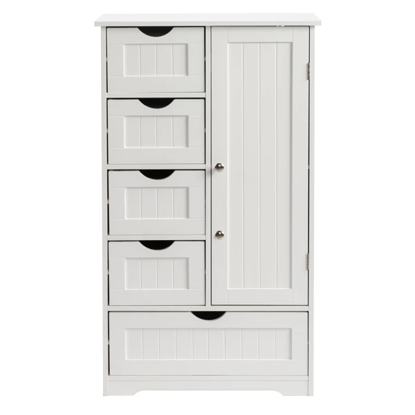 White MDF with paint finish + melamine veneer on particleboard, vertical stripes, 56*30*95cm, 4 small drawers, 1 large drawer, 1 door, bathroom vanity