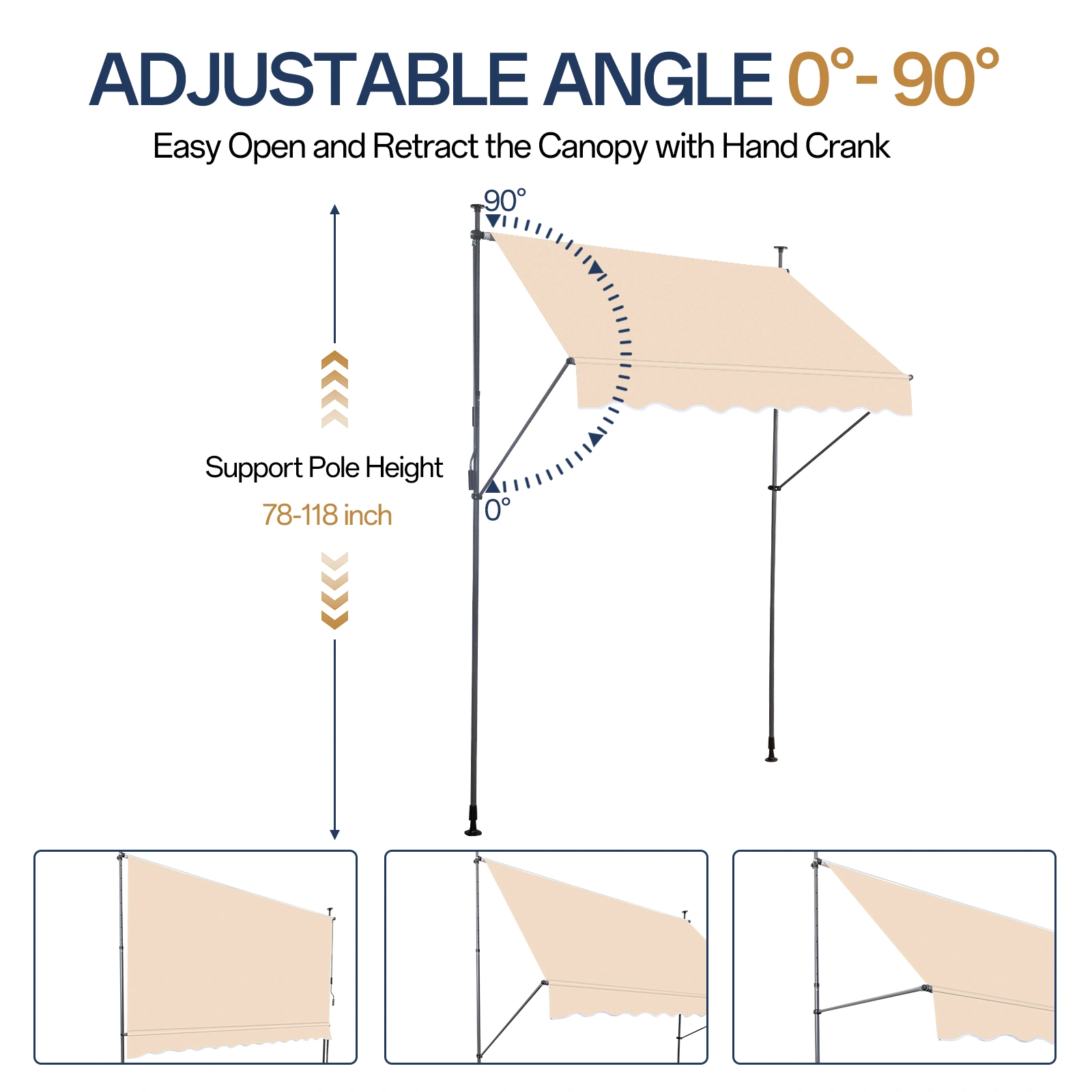 78.7"D x 47.2"W x (78.7 -118.1)"H Retractable Awning Khaki view 10