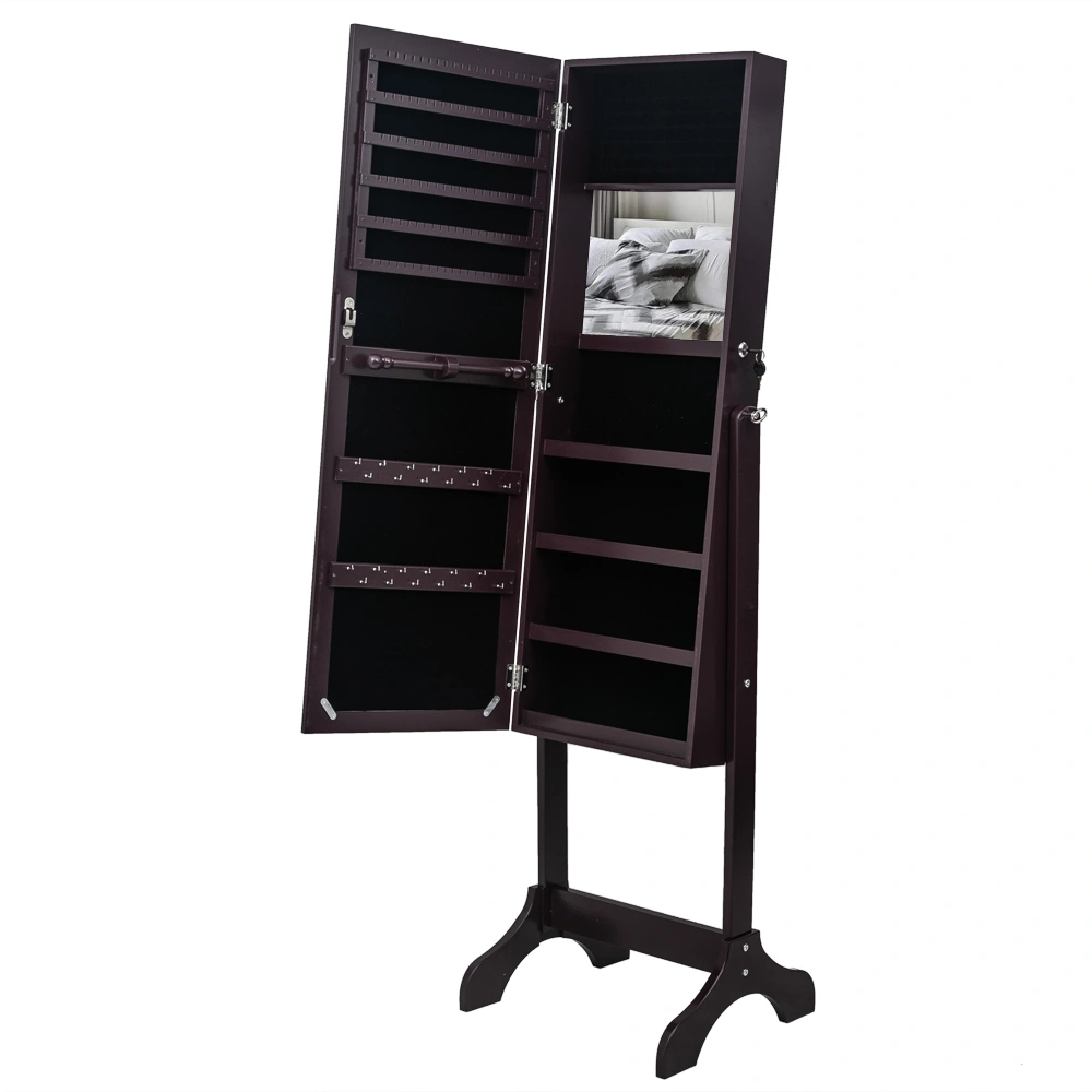 Dark Brown Floor Standing Full Length Mirror Cabinet, Wooden 4-Shelf Jewelry Storage Organizer with Inner Mirror, Adjustable Design view 3