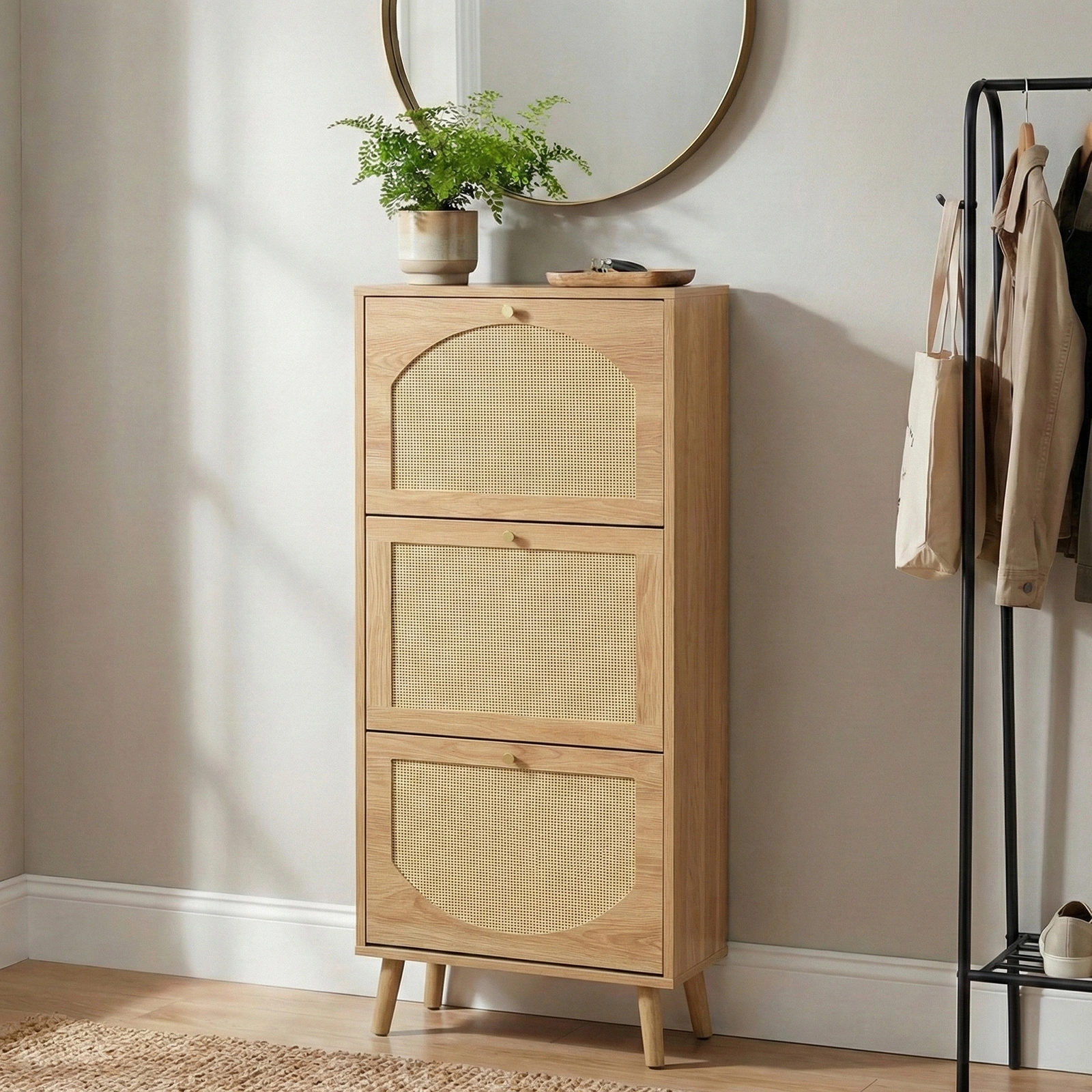 3-Tier Shoe Cabinet with Rattan Front, Particleboard, 54x24x135cm, Natural Wood Color, Entryway Storage Organizer
