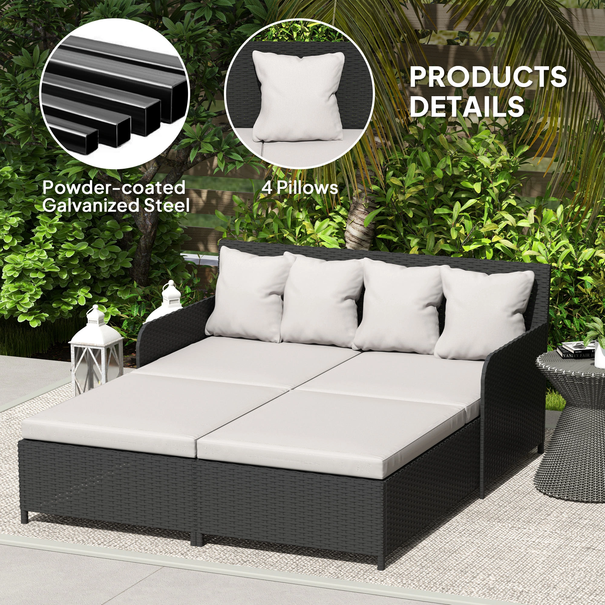 Handwoven Rattan Outdoor Daybed Wicker PE Rattan Chaise Lounge with Pillow