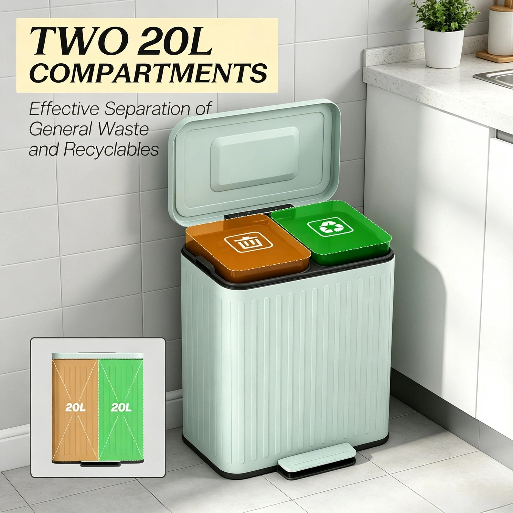 2-Pack 5.3 Gallon Step-On Trash Can Light Green, Removable Inner Bucket & Bags Included, Foot Pedal Waste Bin view 5