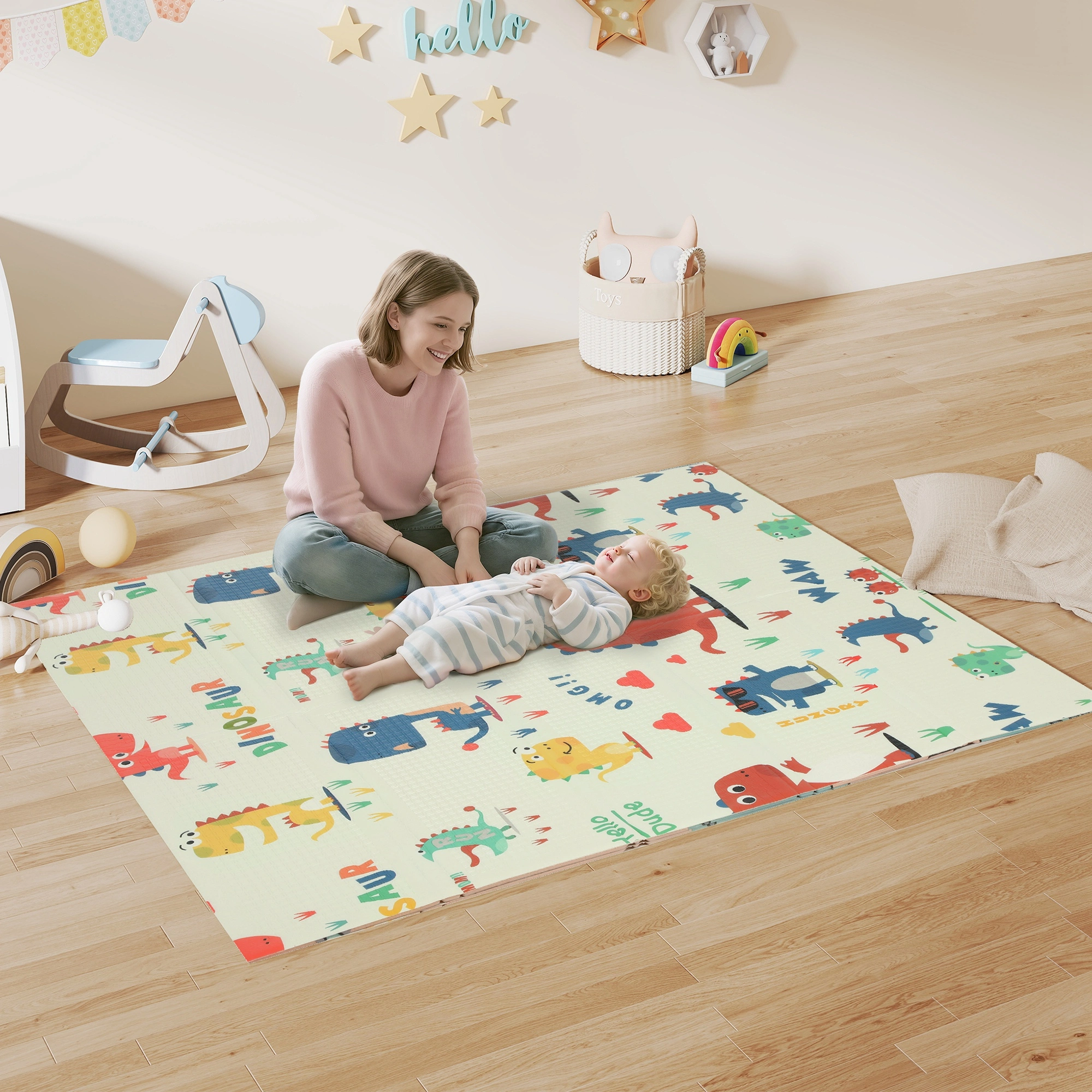 Baby Play Mat, Foldable Soft Foam Activity Gym, Cute Printed Carpet for Tummy Time and Crawling