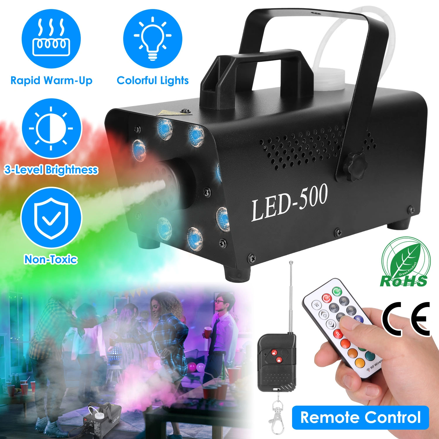 500W Fog Machine 2000CFM Smoke Machine with 8 LEDs, 5 Lighting Effects, 3-Level Brightness, Colorful Party Stage DJ Effects