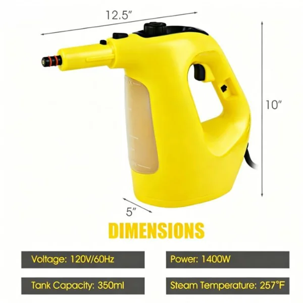 1400W Handheld Steam Cleaner, 257℉ High Pressure Steamer with 14-Piece Accessories, Chemical-Free Steam Mop for Kitchen, Bathroom, Car, Floor - Yellow view 2
