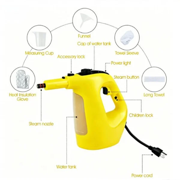 1400W Handheld Steam Cleaner, 257℉ High Pressure Steamer with 14-Piece Accessories, Chemical-Free Steam Mop for Kitchen, Bathroom, Car, Floor - Yellow view 3