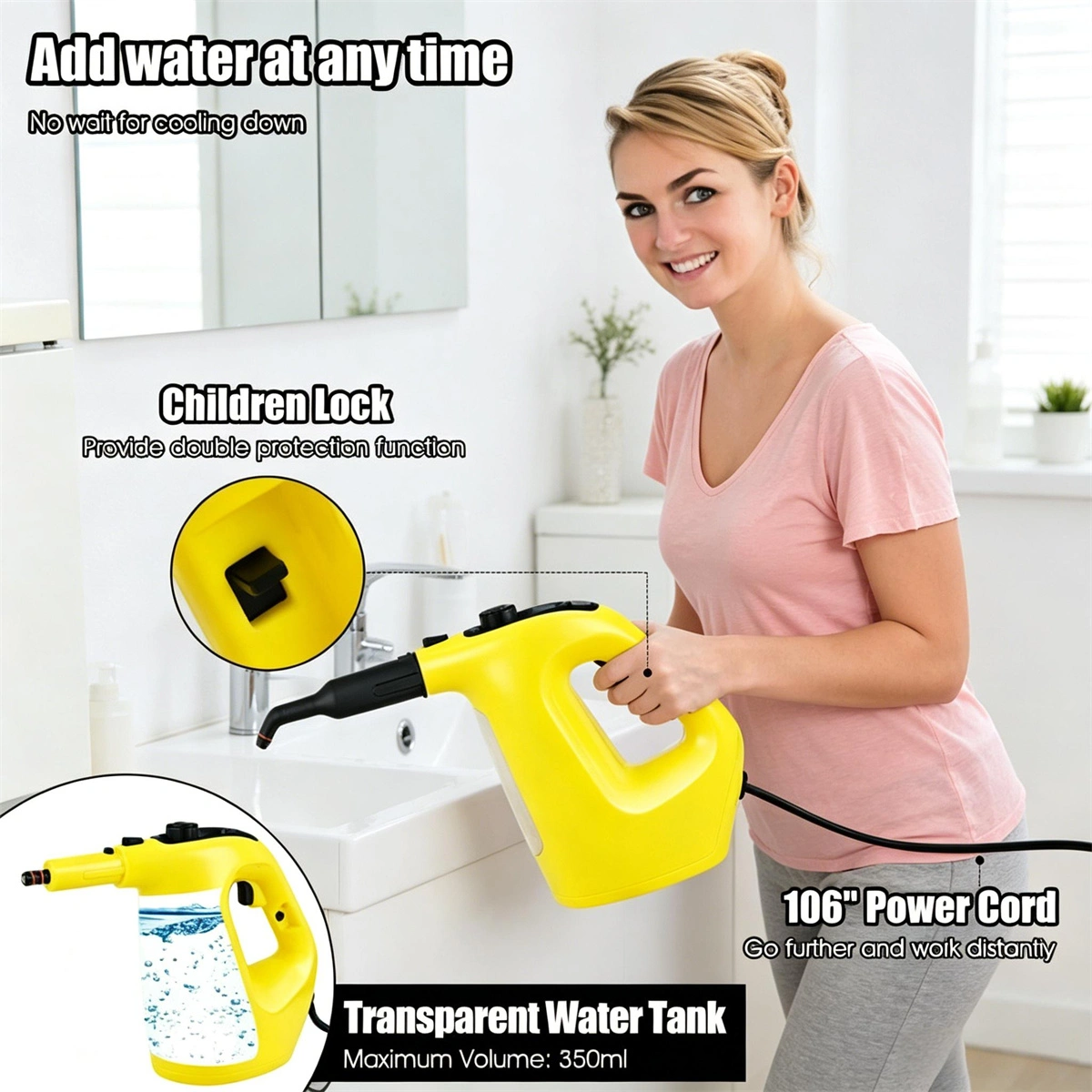 1400W Handheld Steam Cleaner, 257℉ High Pressure Steamer with 14-Piece Accessories, Chemical-Free Steam Mop for Kitchen, Bathroom, Car, Floor - Yellow view 5