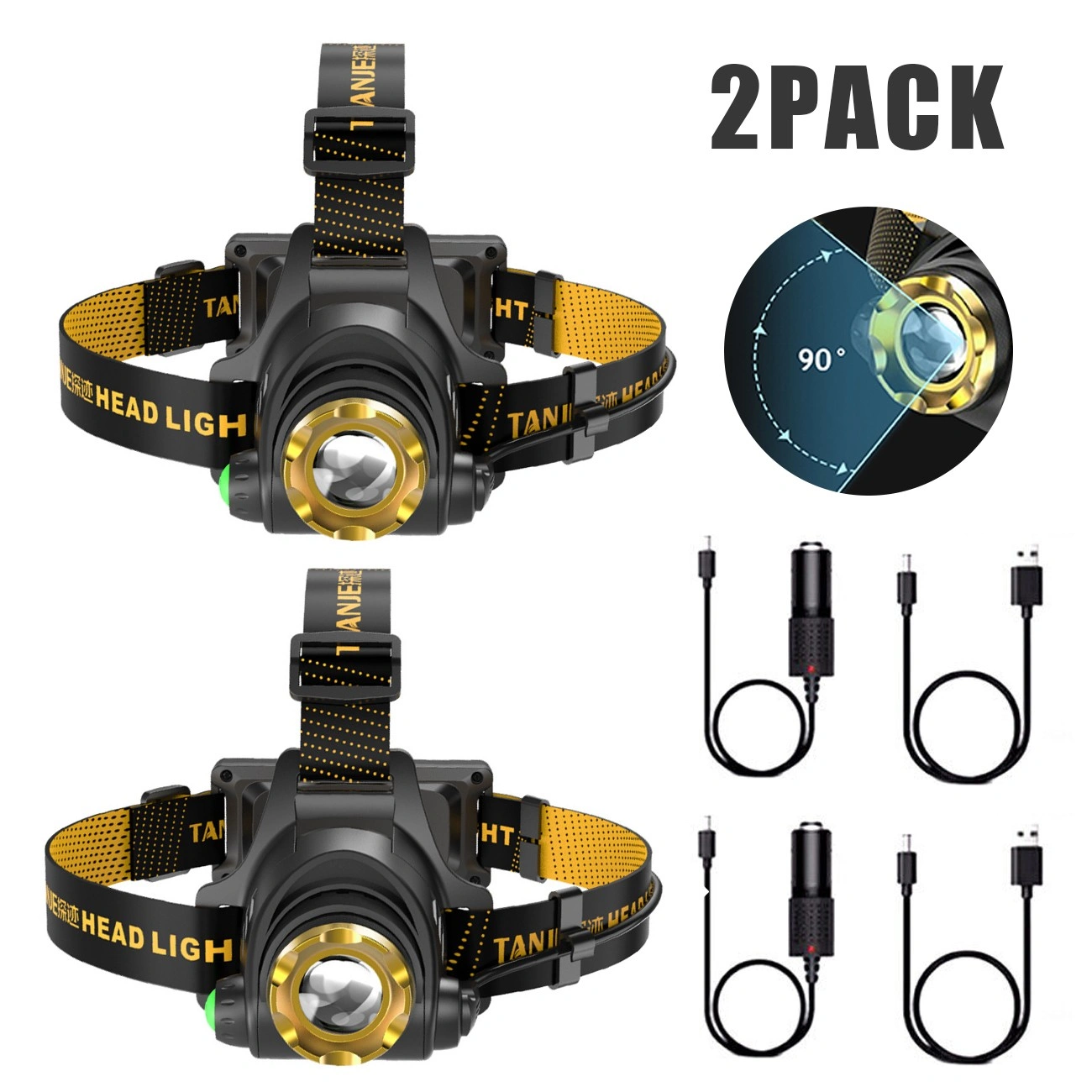 (2 Pack)USB Rechargeable LED Headlamp 3-Modes Adjustable Camping Hiking Headlight W/Car Charger+USB Cable (US Logistics For USPS/DHL/Fedex/UPS. No designated logistics accepted,TK/TMEU only For self-pickup)