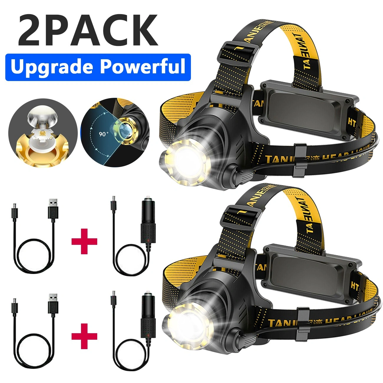 (2 Pack)USB Rechargeable LED Headlamp 3-Modes Adjustable Camping Hiking Headlight W/Car Charger+USB Cable (US Logistics For USPS/DHL/Fedex/UPS. No designated logistics accepted,TK/TMEU only For self-pickup) view 4