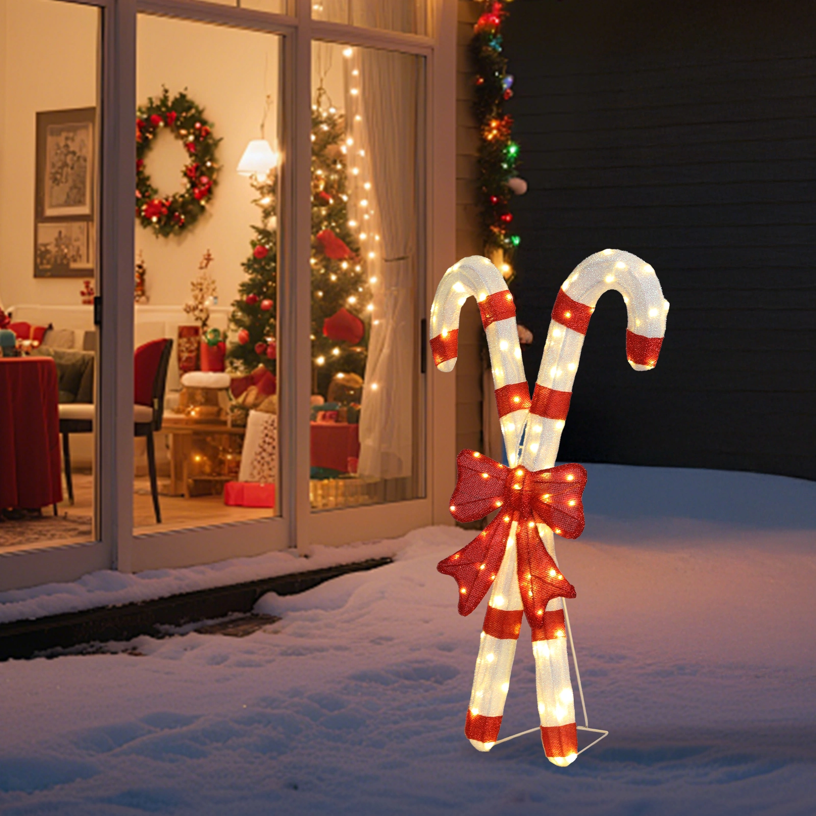 Lighted Candy Cane with Red Bowknot, 100 Warm White LED Pre-Lit 2D Christmas Decoration, Outdoor Indoor Holiday Sign for Xmas Yard & Home Display view 10