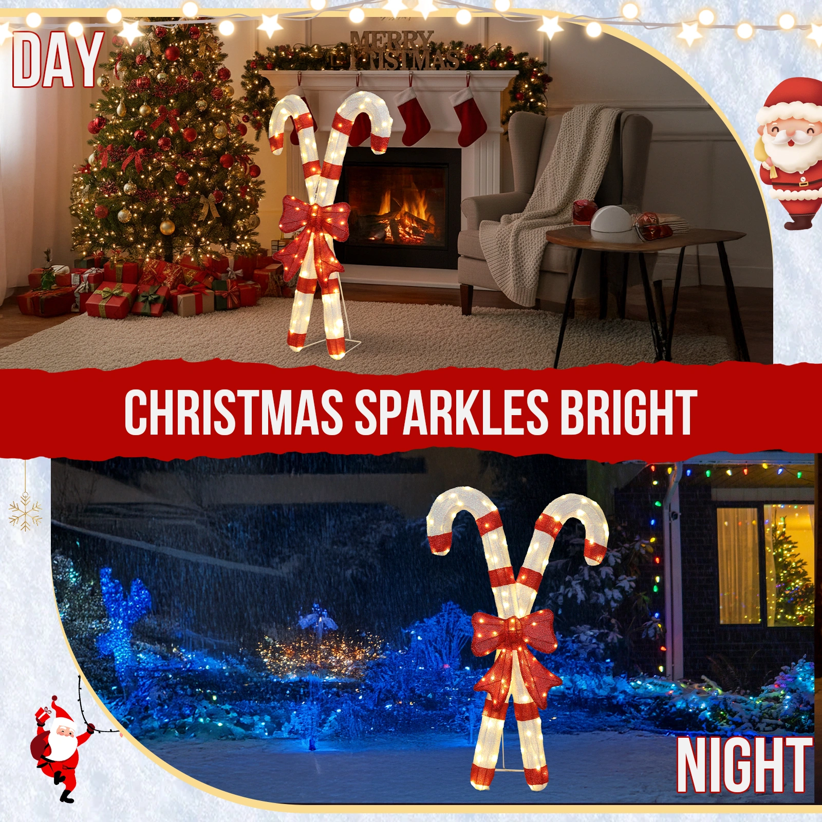 Lighted Candy Cane with Red Bowknot, 100 Warm White LED Pre-Lit 2D Christmas Decoration, Outdoor Indoor Holiday Sign for Xmas Yard & Home Display view 11