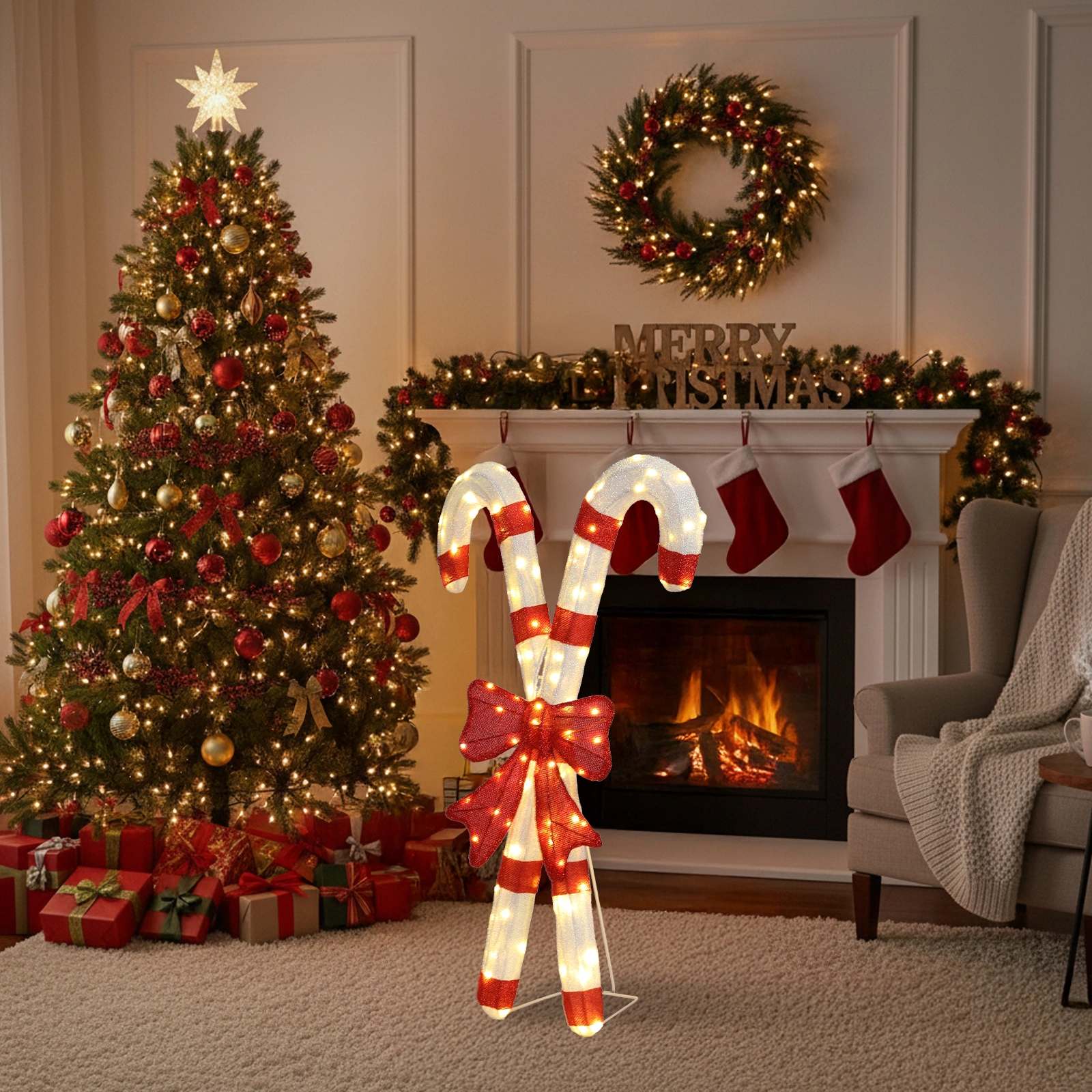 Lighted Candy Cane with Red Bowknot, 100 Warm White LED Pre-Lit 2D Christmas Decoration, Outdoor Indoor Holiday Sign for Xmas Yard & Home Display view 12