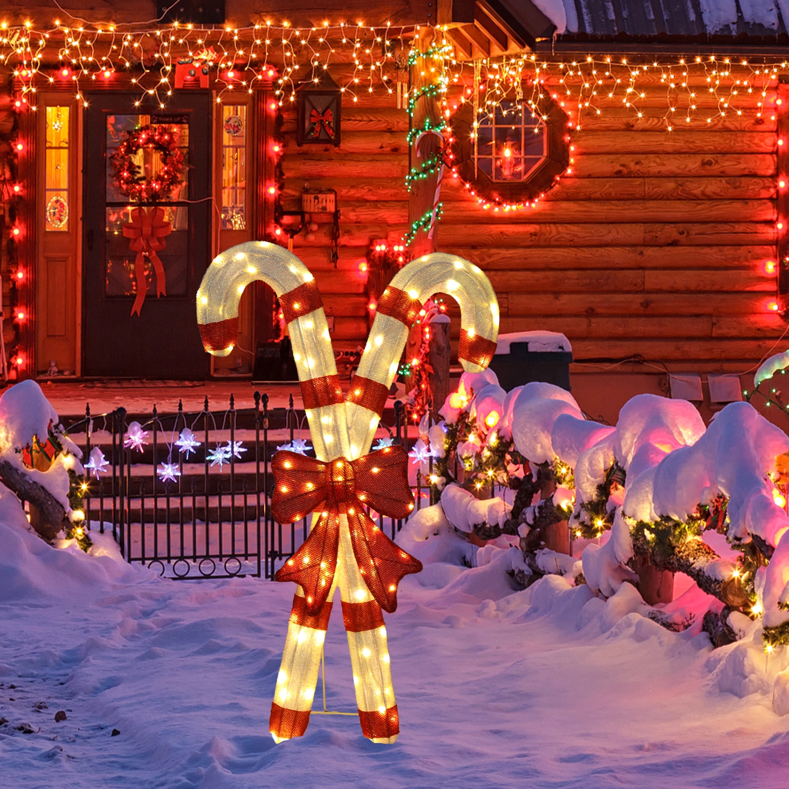Lighted Candy Cane with Red Bowknot, 100 Warm White LED Pre-Lit 2D Christmas Decoration, Outdoor Indoor Holiday Sign for Xmas Yard & Home Display view 14