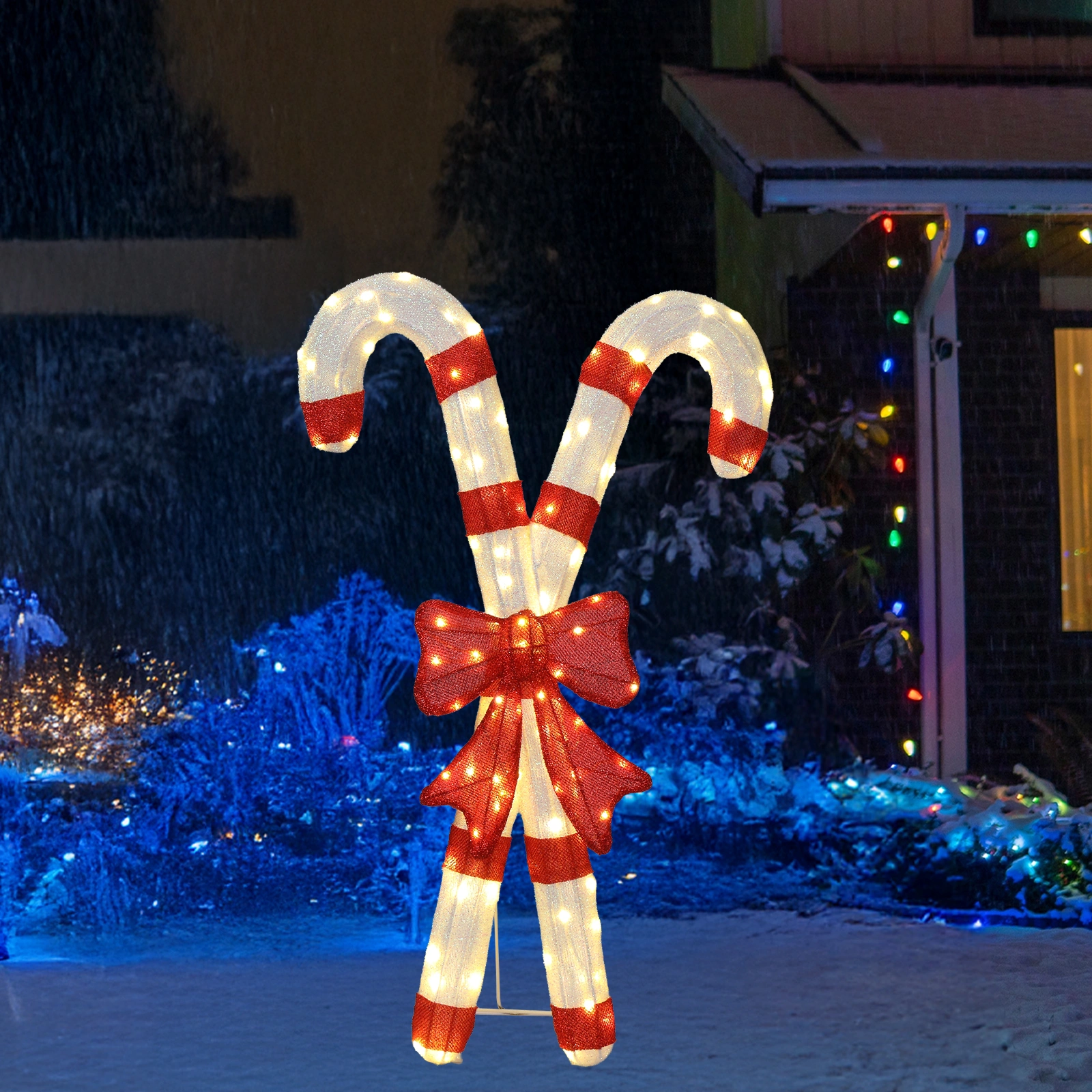 Lighted Candy Cane with Red Bowknot, 100 Warm White LED Pre-Lit 2D Christmas Decoration, Outdoor Indoor Holiday Sign for Xmas Yard & Home Display view 15