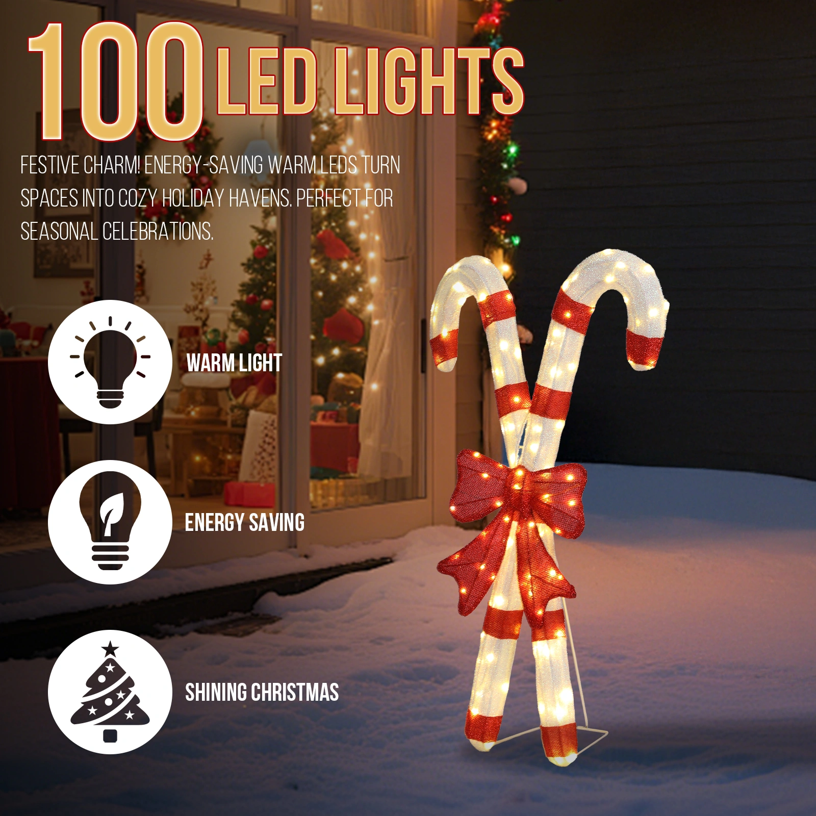 Lighted Candy Cane with Red Bowknot, 100 Warm White LED Pre-Lit 2D Christmas Decoration, Outdoor Indoor Holiday Sign for Xmas Yard & Home Display view 5