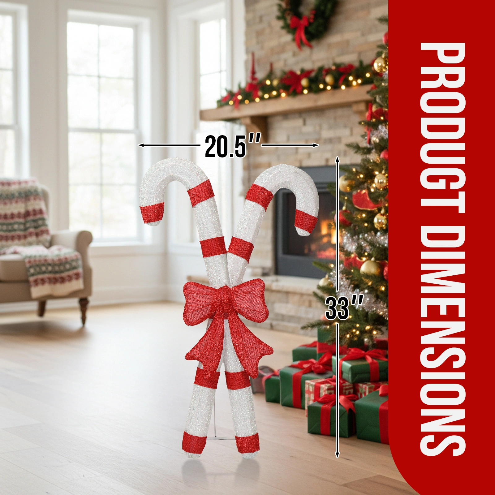 Lighted Candy Cane with Red Bowknot, 100 Warm White LED Pre-Lit 2D Christmas Decoration, Outdoor Indoor Holiday Sign for Xmas Yard & Home Display view 6