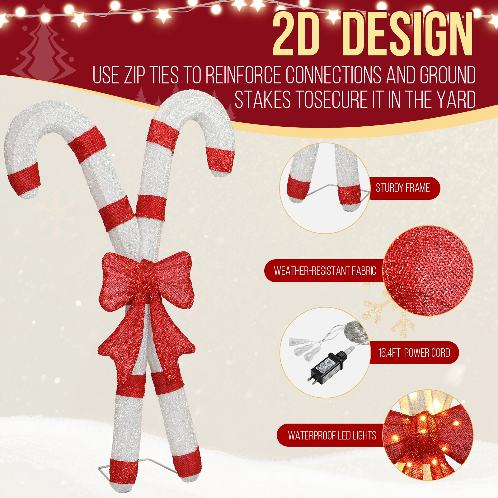 Lighted Candy Cane with Red Bowknot, 100 Warm White LED Pre-Lit 2D Christmas Decoration, Outdoor Indoor Holiday Sign for Xmas Yard & Home Display view 7