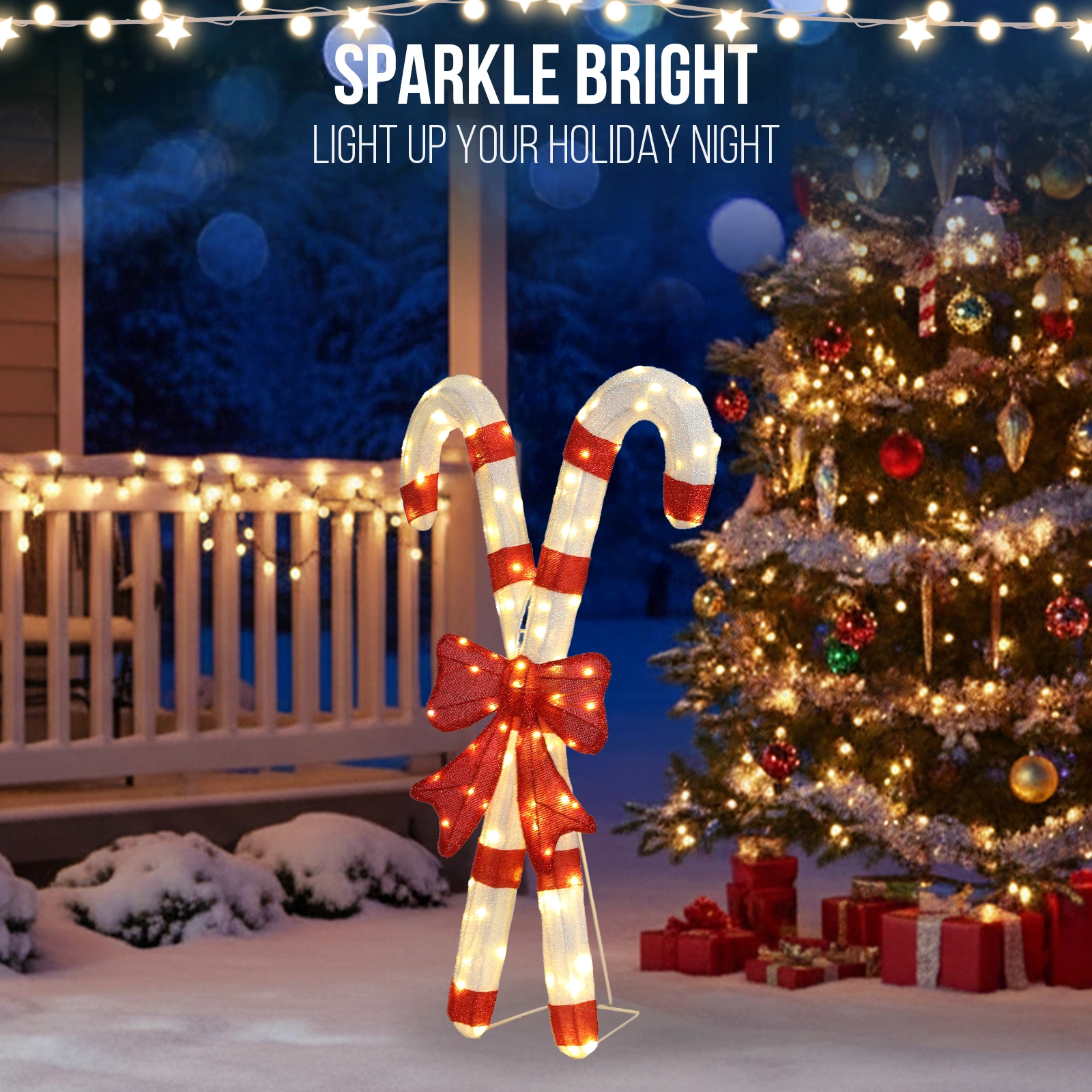 Lighted Candy Cane with Red Bowknot, 100 Warm White LED Pre-Lit 2D Christmas Decoration, Outdoor Indoor Holiday Sign for Xmas Yard & Home Display view 9