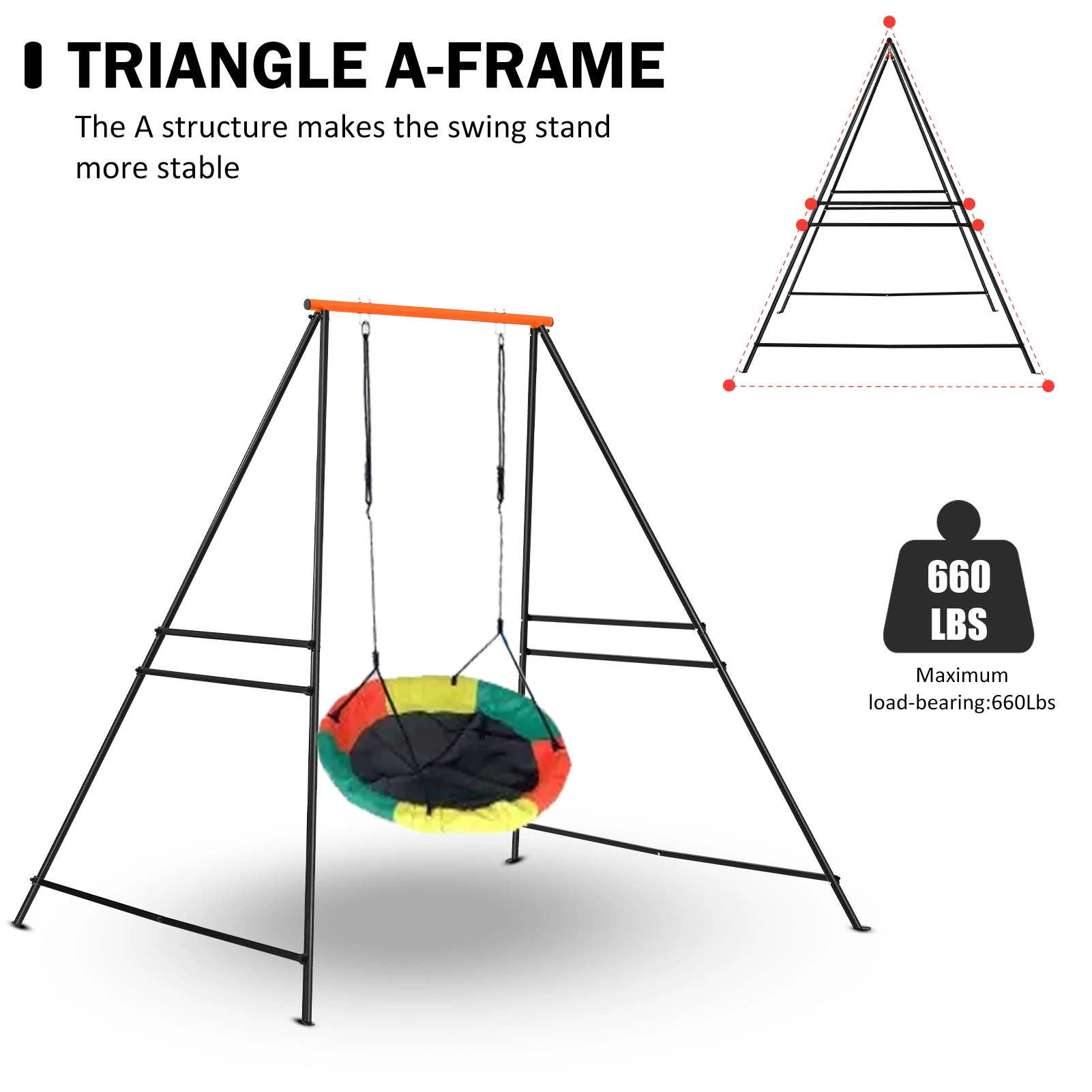 Outdoor Metal Garden Swing for Kids, Heavy Duty A-Frame Swing Stand, Orange Children's Porch Swing Chair Support Frame for Hammock & Yoga, Swing Seat Not Included view 2
