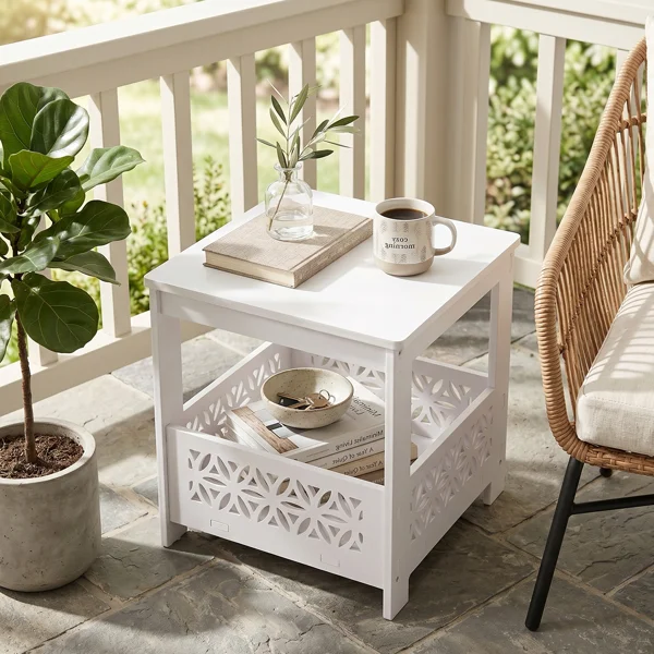 Side Table with Storage, Space Saving Nightstand for Small Spaces, Modern End Table for Indoor Outdoor, White view 6