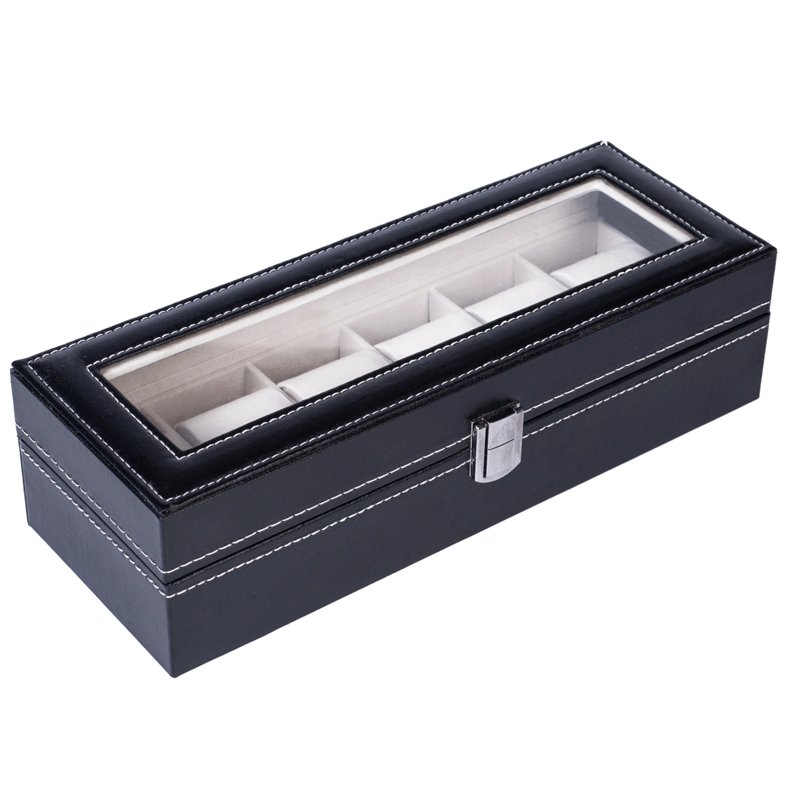 6-Compartment Premium Leather Watch Storage Box, Top-Opening Display Case, Black