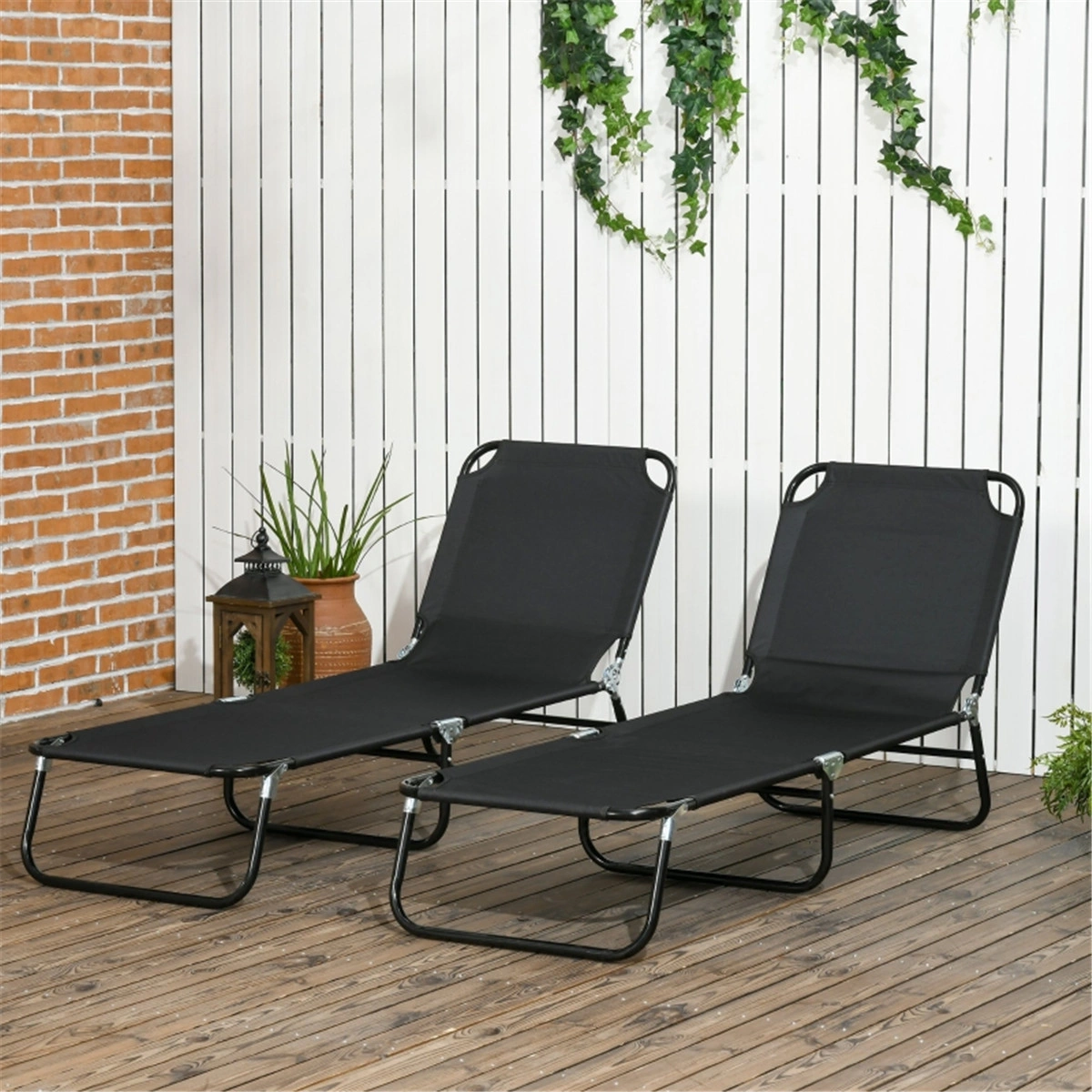 2 Pack Black Folding Chaise Lounge Chairs, 5-Level Reclining Pool Chairs with Steel Frame, Outdoor Beach Yard Patio Loungers