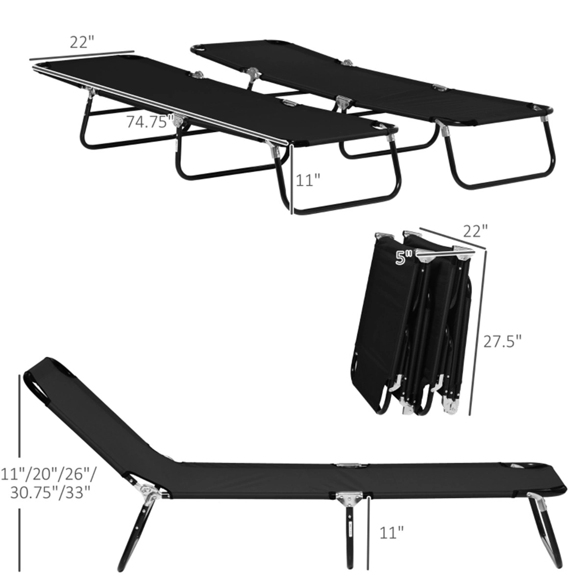 2 Pack Black Folding Chaise Lounge Chairs, 5-Level Reclining Pool Chairs with Steel Frame, Outdoor Beach Yard Patio Loungers view 2