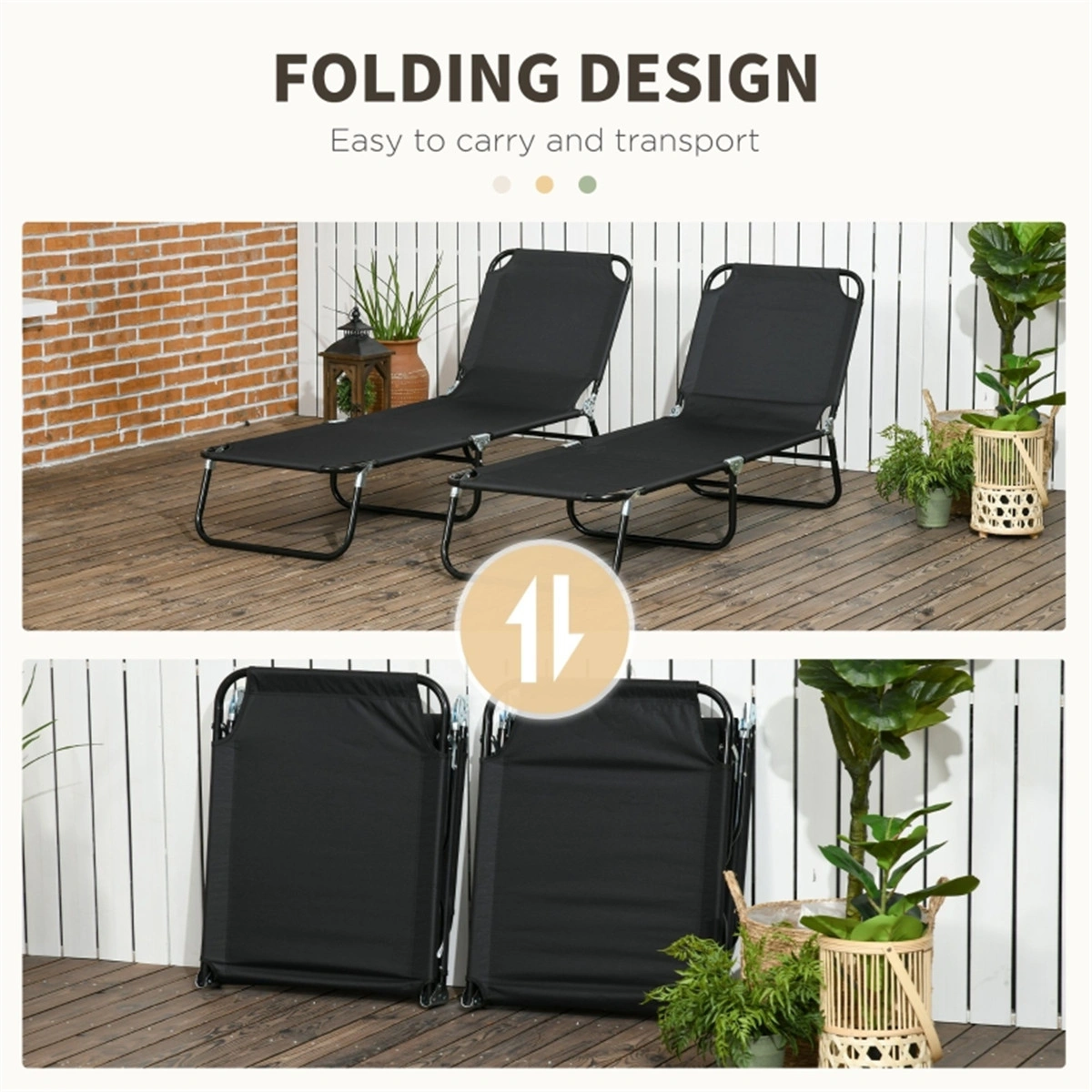 2 Pack Black Folding Chaise Lounge Chairs, 5-Level Reclining Pool Chairs with Steel Frame, Outdoor Beach Yard Patio Loungers view 7
