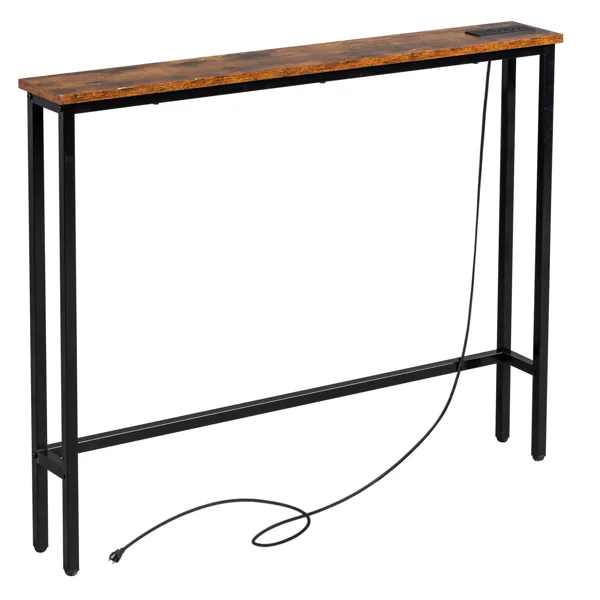 39.4" Narrow Console Sofa Table with Power Outlets and USB Ports, Skinny Couch Table with Metal Frame and Charge Station with 4.9ft Extension Cord, Rustic Brown view 3
