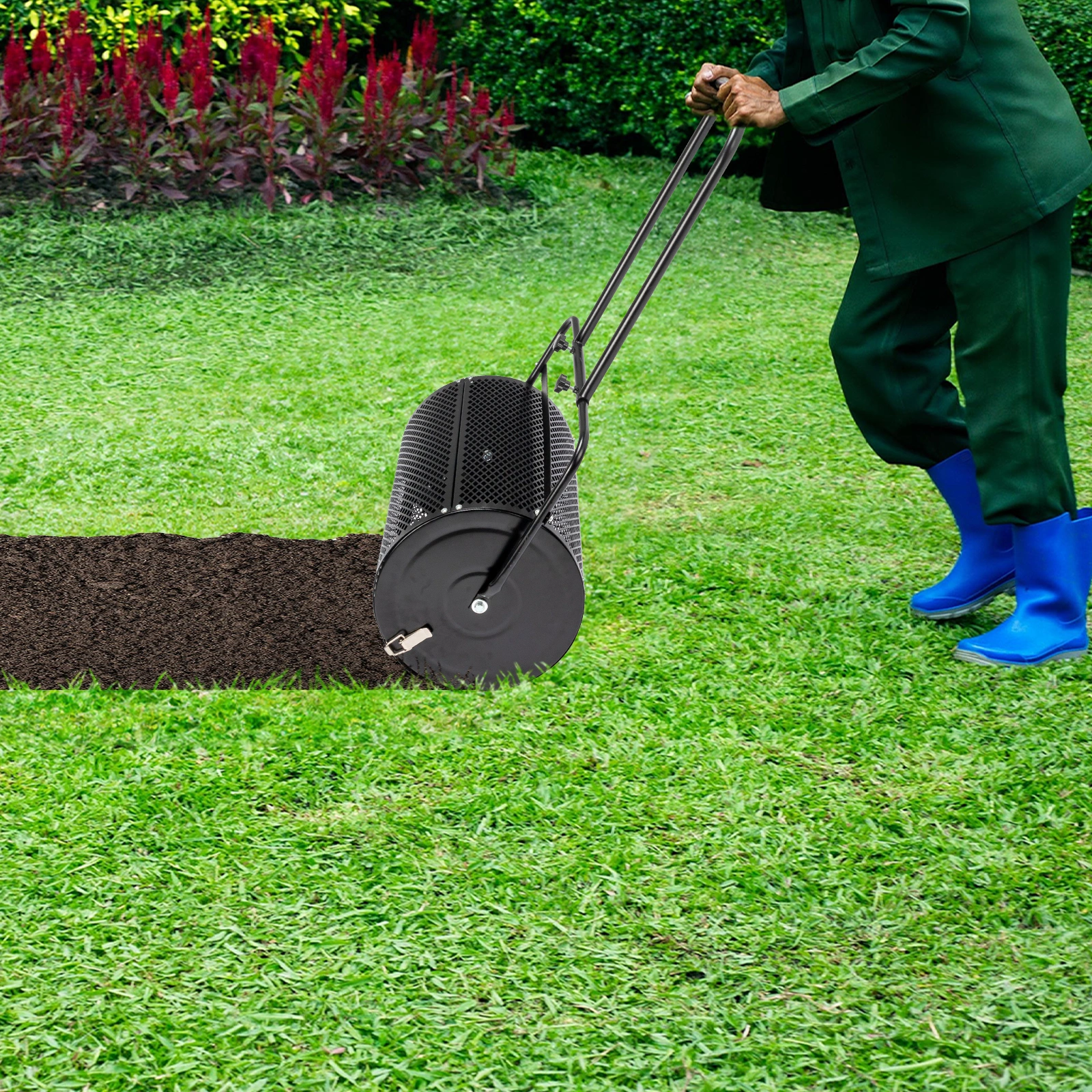 24 inch Compost Spreader for Lawn, Garden Peat Moss Roller with Double Side Latches, Powder Coated Steel Mesh Basket for Topdressing & Seedling, Black view 11