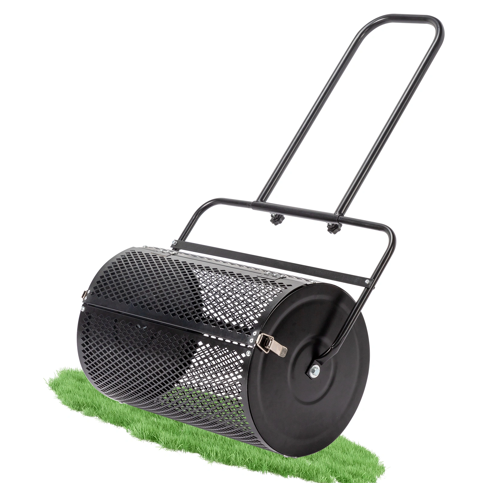 24 inch Compost Spreader for Lawn, Garden Peat Moss Roller with Double Side Latches, Powder Coated Steel Mesh Basket for Topdressing & Seedling, Black view 3