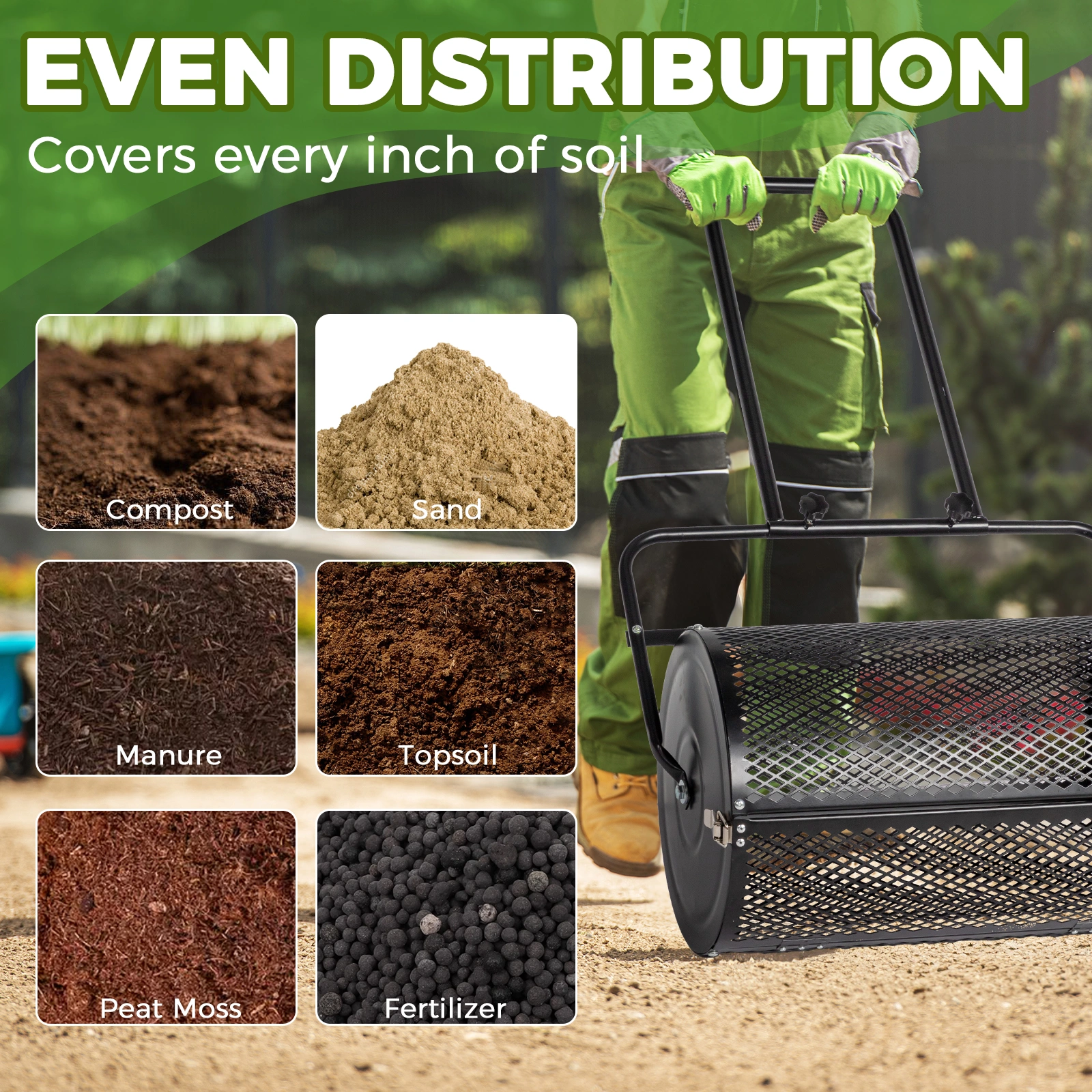 24 inch Compost Spreader for Lawn, Garden Peat Moss Roller with Double Side Latches, Powder Coated Steel Mesh Basket for Topdressing & Seedling, Black view 7