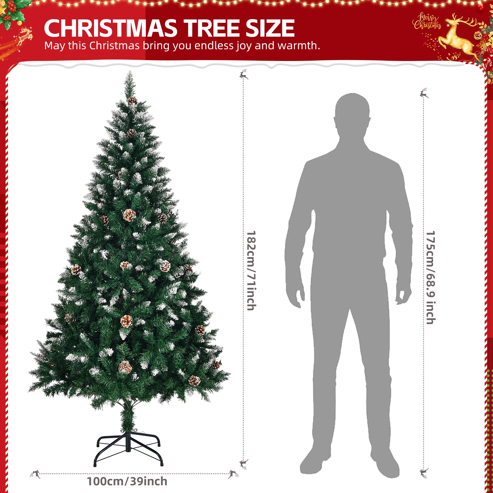 6 FT Artificial Snow Tipped Christmas Tree with Pine Cones, 900 Branch Tips, Unlit Green Holiday Tree with Sturdy Metal Stand for Home Office Party Decor view 2