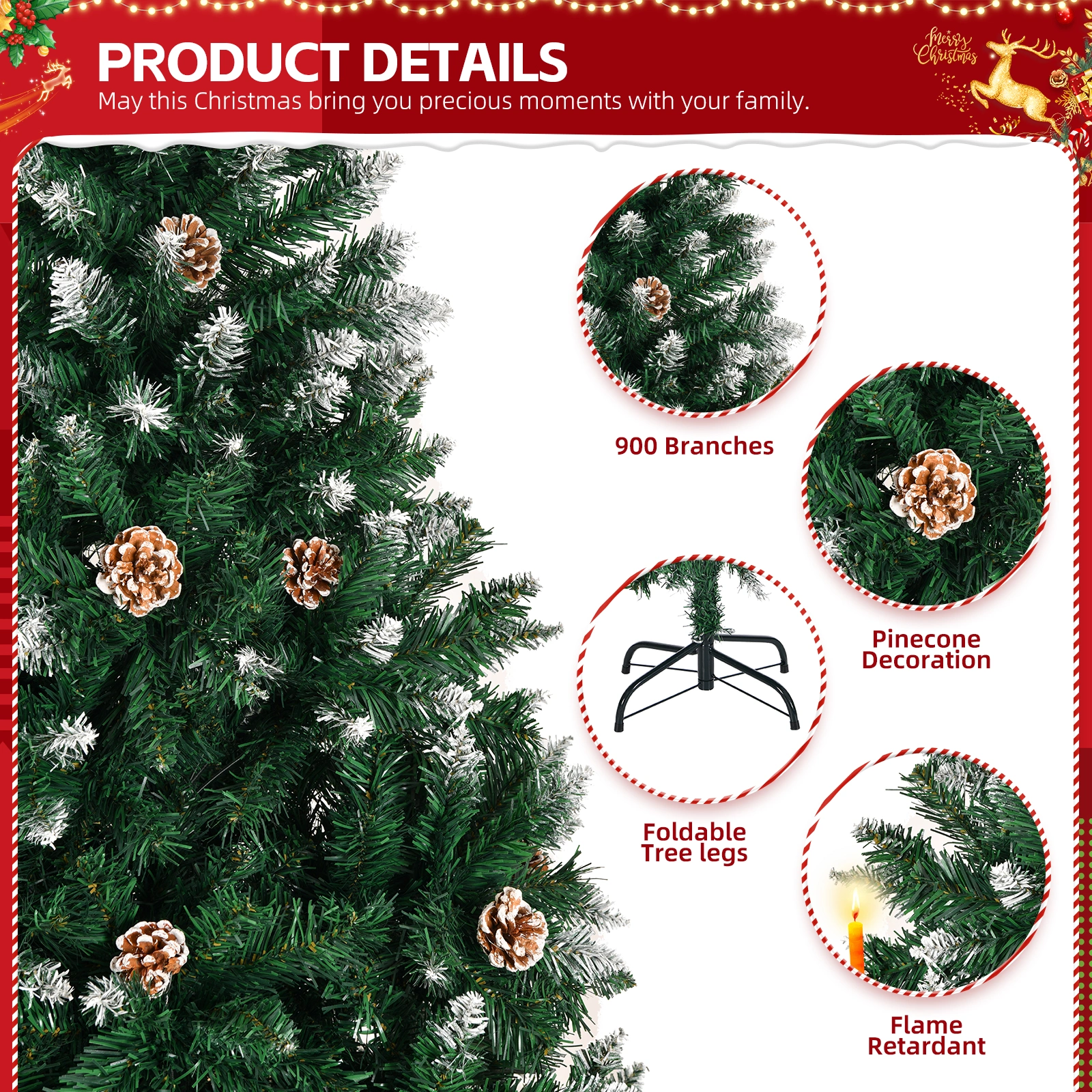 6 FT Artificial Snow Tipped Christmas Tree with Pine Cones, 900 Branch Tips, Unlit Green Holiday Tree with Sturdy Metal Stand for Home Office Party Decor view 3