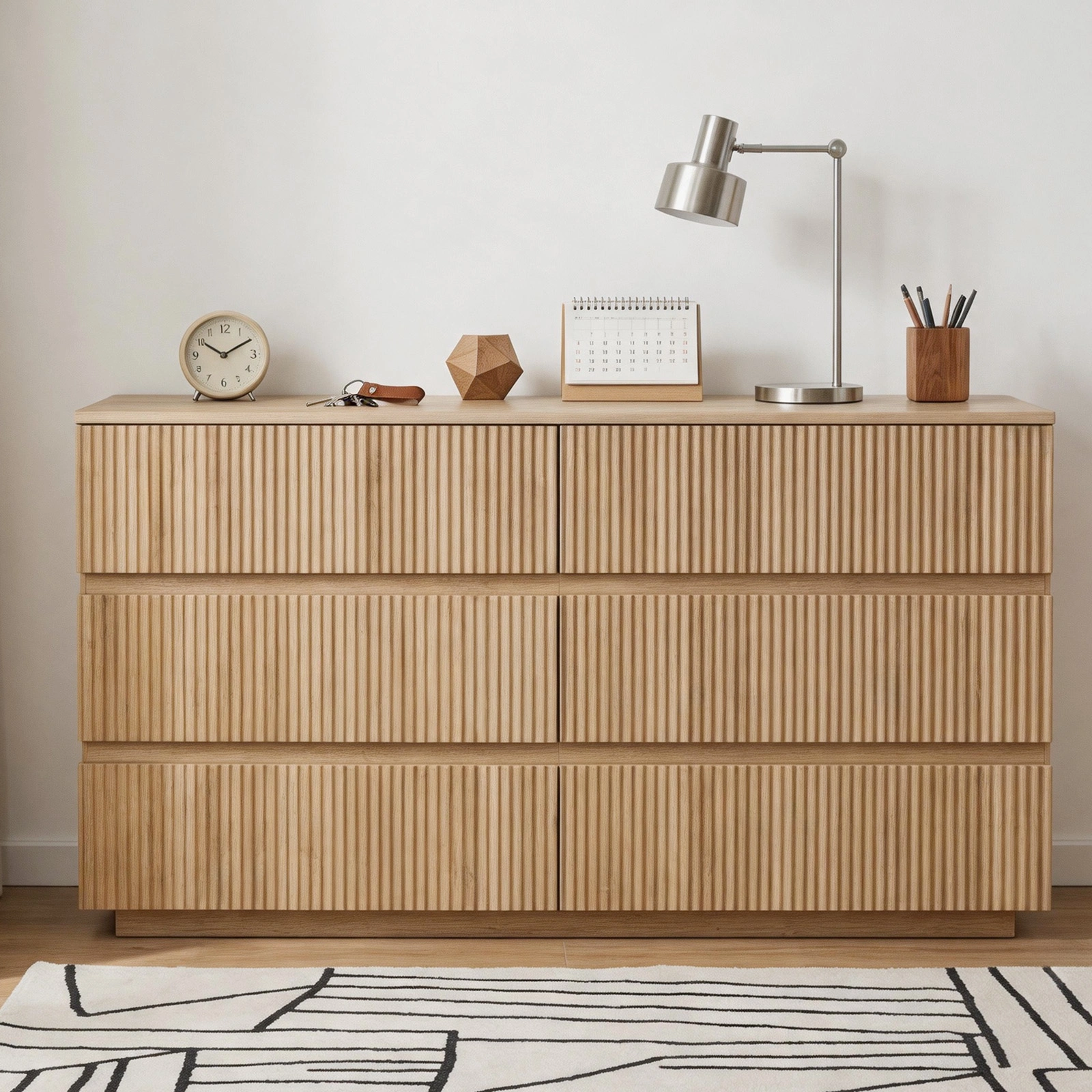 Handleless 6-Drawer Dresser Grille Finish P2 Particleboard MDF Melamine Veneer Vacuum-Formed Storage Cabinet 55.12x15.75x27.95in Oak