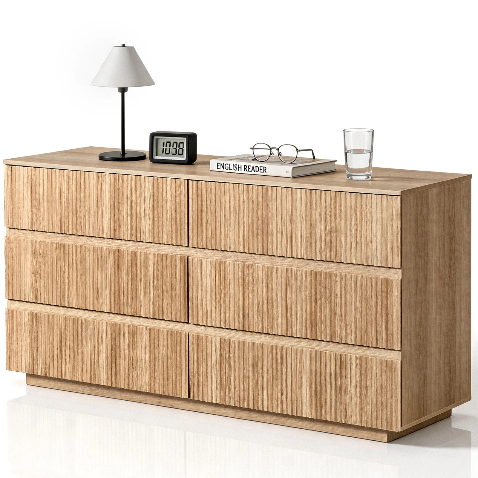 Handleless 6-Drawer Dresser Grille Finish P2 Particleboard MDF Melamine Veneer Vacuum-Formed Storage Cabinet 55.12x15.75x27.95in Oak view 4