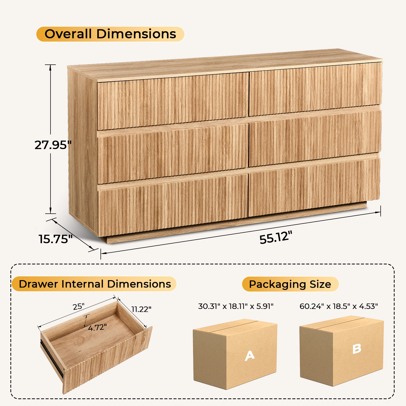 Handleless 6-Drawer Dresser Grille Finish P2 Particleboard MDF Melamine Veneer Vacuum-Formed Storage Cabinet 55.12x15.75x27.95in Oak view 5