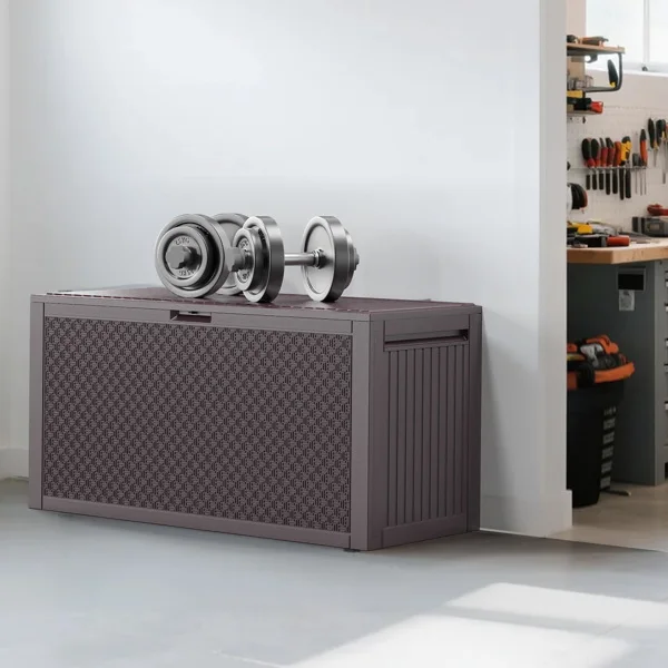 90gal Outdoor Garden Plastic Storage Deck Box Chest Tools Cushions Toys Lockable Seat view 3