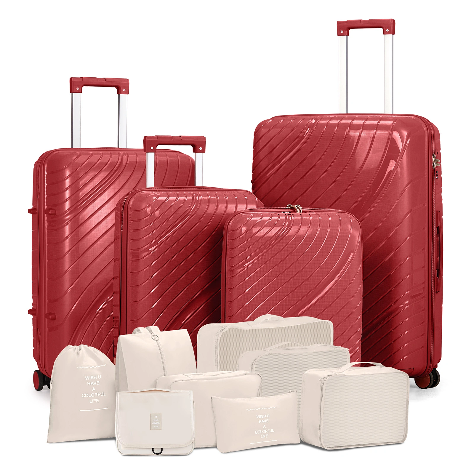 4 Piece Luggage Set 18 20 24 28 Inch Hardshell Suitcase PP with Spinner Wheels Iron Telescopic Handle 2 Handbags 30L Tote 3L Wash Bag Red