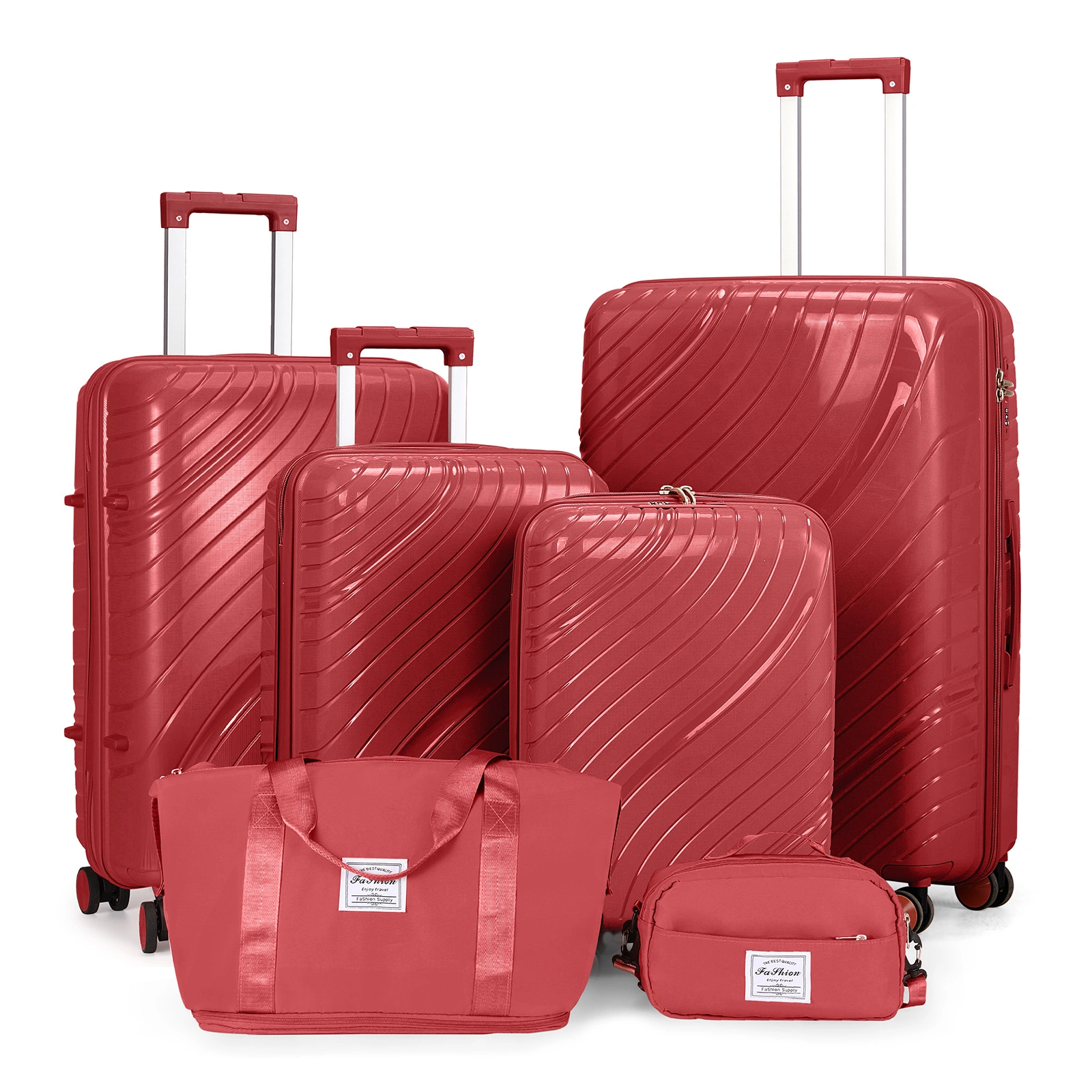 4 Piece Luggage Set 18 20 24 28 Inch Hardshell Suitcase PP with Spinner Wheels Iron Telescopic Handle 2 Handbags 30L Tote 3L Wash Bag Red view 2