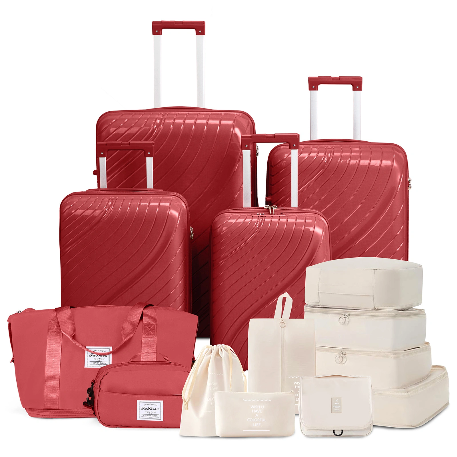 4 Piece Luggage Set 18 20 24 28 Inch Hardshell Suitcase PP with Spinner Wheels Iron Telescopic Handle 2 Handbags 30L Tote 3L Wash Bag Red view 3