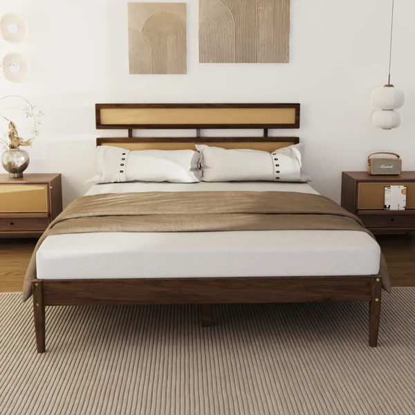 Double rattan woven headboard, Bohemian style, painted finish, pine wood, dark walnut color, Queen size wooden bed view 2