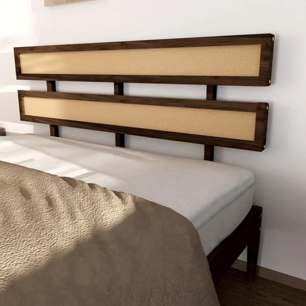 Double rattan woven headboard, Bohemian style, painted finish, pine wood, dark walnut color, Queen size wooden bed view 5
