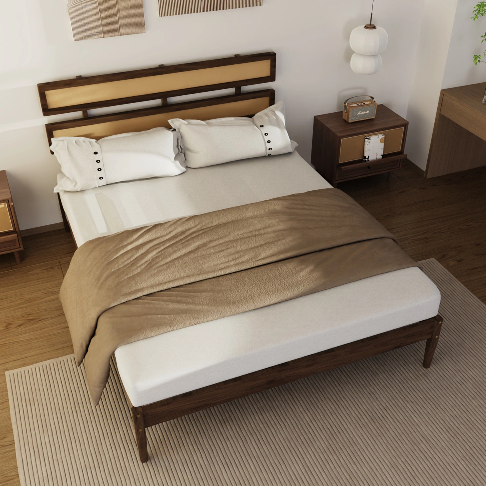 Double rattan woven headboard, Bohemian style, painted finish, pine wood, dark walnut color, Queen size wooden bed