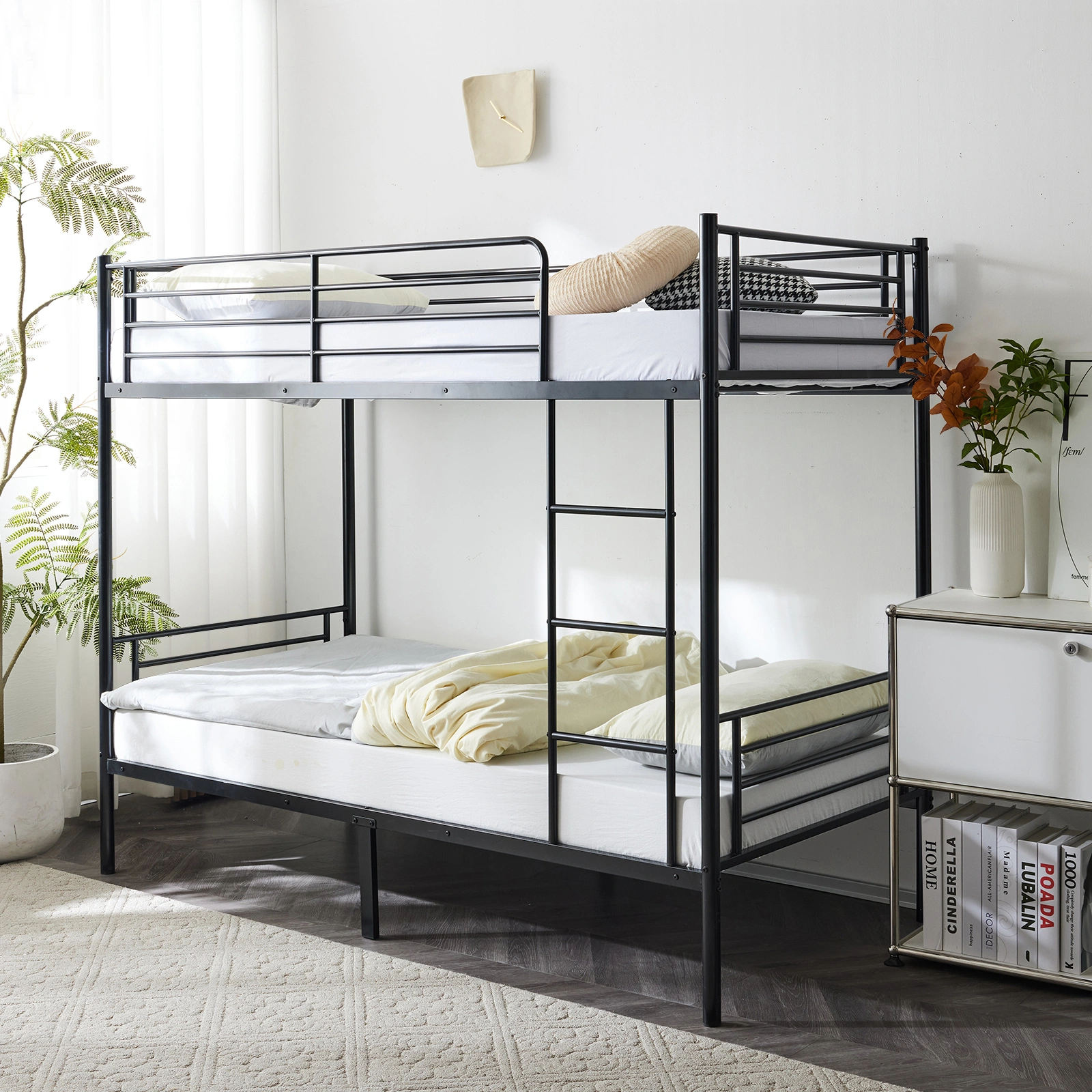 Iron Twin Bunk Bed with Ladder, Heavy Duty Metal Bed Frame for Kids, Black view 3